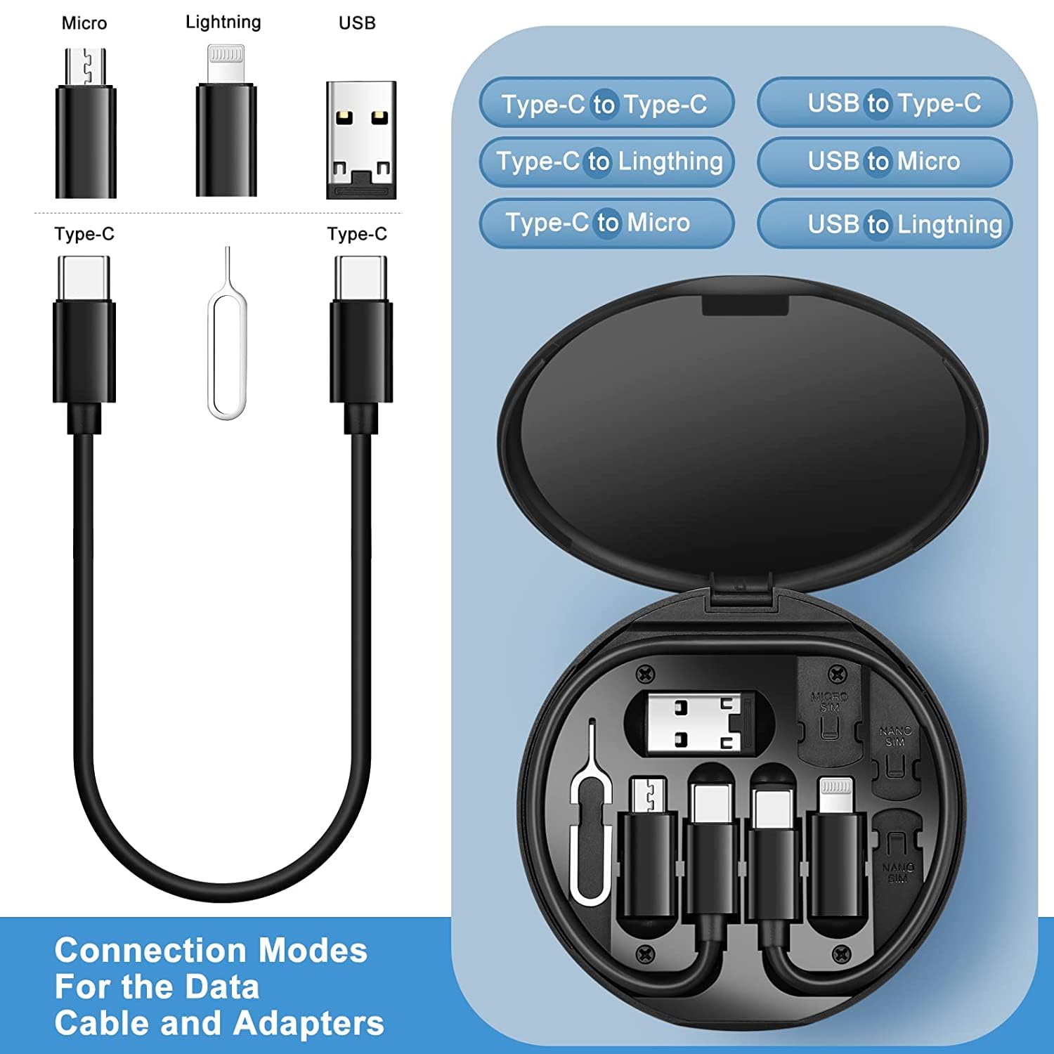 0377 Mini Multi-Functional Fast Charging Data Cable Set for Apple, Android, Type C Charging with Retrieve Card Pin,Round Storage Box,Compact and Portable, USB Data Cable Storage Box Travel Cable Set (5in1) Eshaan Traders