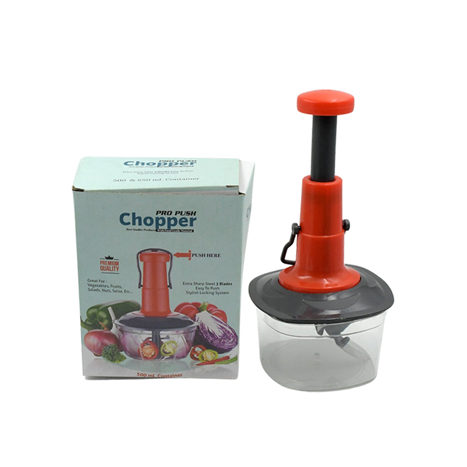 5790 Manual Press Fruit & Vegetable Chopper, with 3 Stainless Steel Blades, Anti-Slip Base, and Locking System, Cutting Chopper For Kitchen (650 ML) Eshaan Traders