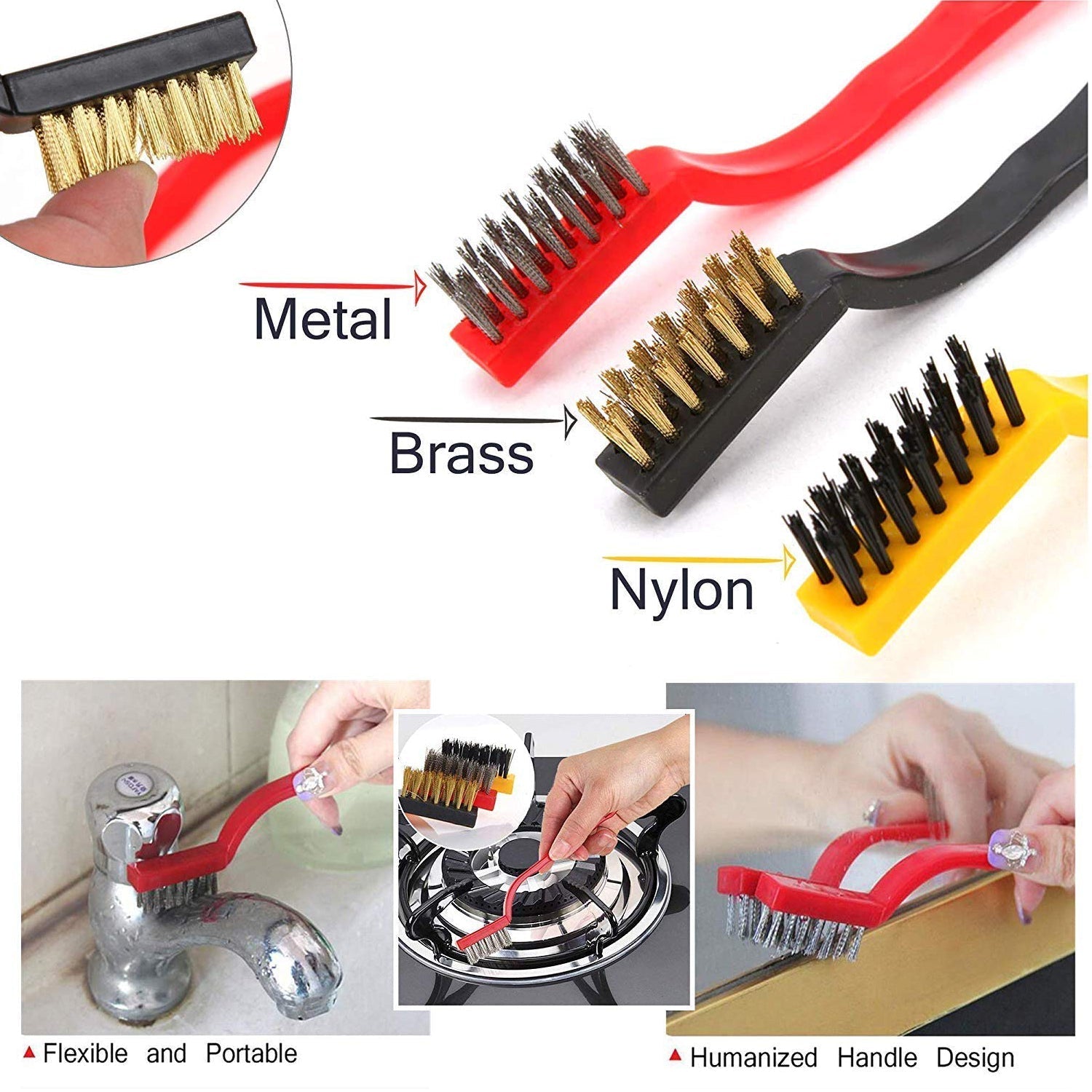 2166 3pc  Mini Wire Brush Set Brass Nylon Stainless Steel Bristles Household Cleaning Brush for Gas Stove, Smoke Machine Tool Burner Tiles Tap Rust Removal Welding Slag Dirt & Paint Scrubbing. Eshaan Traders