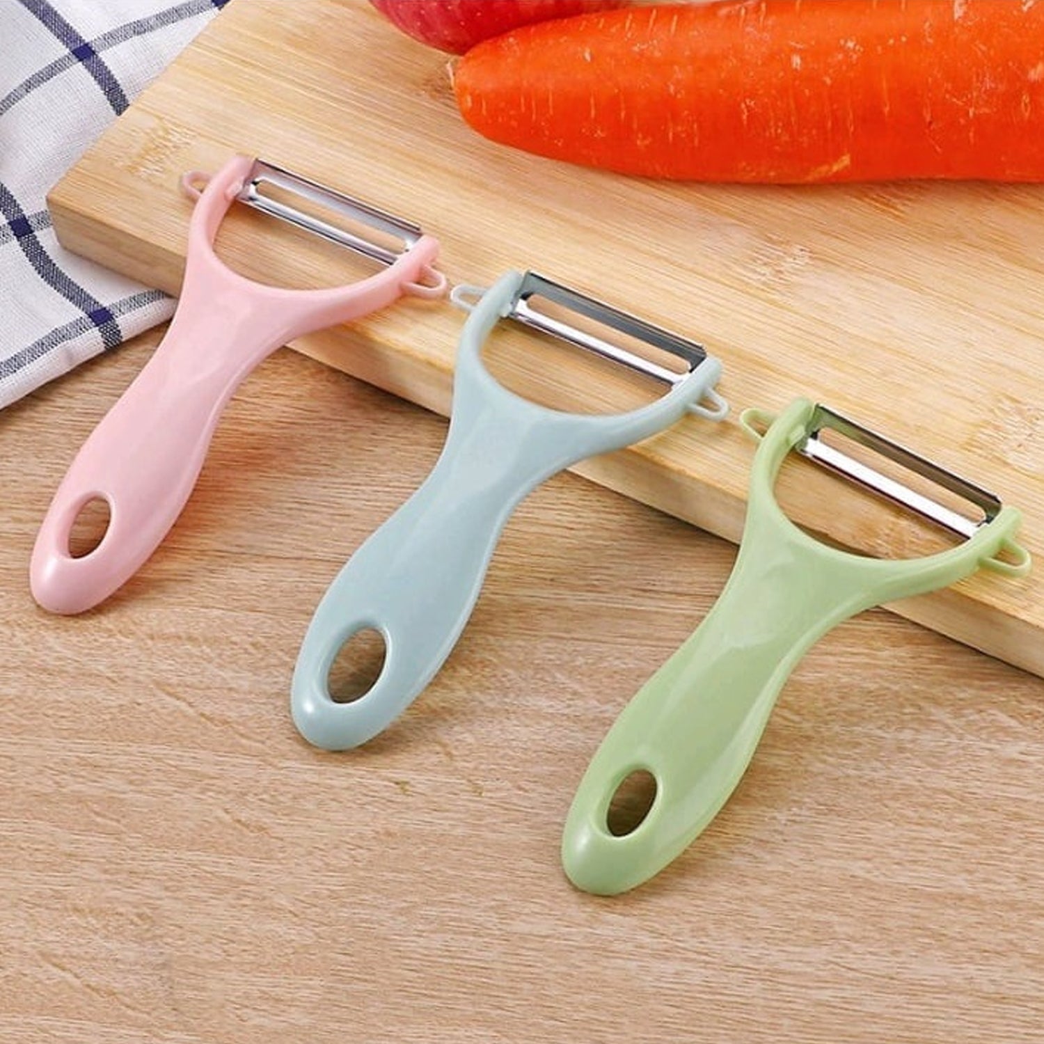 5207 Plastic Kitchen Peeler - Green & Classic Stainless Steel 3-Piece Knife Set Combo DeoDap