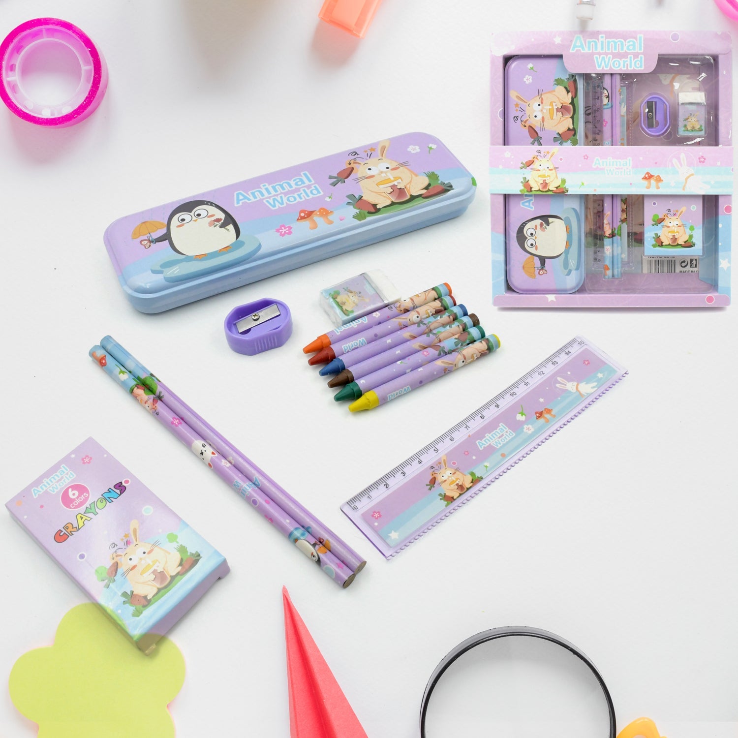 4297 School Supplies Stationery Kit with 1 Pencil Box Case 2 Pencils 6 Crayon Colors 1 Ruler Scale 1 Eraser 1 Sharpener Stationary Kit for Girls Pencil Pen Book Eraser Sharpener Crayons - Stationary Kit Set for Kids Birthday Gift (12 Pc Set) Eshaan Traders