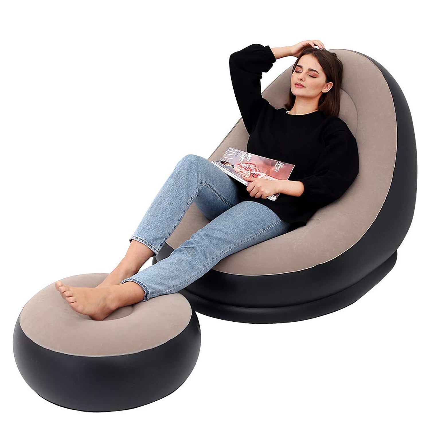 8062 Inflatable Sofa Lounge Chair Ottoman, Blow Up Chaise Lounge Air Sofa, Indoor Flocking Leisure Couch for Home Office Rest, Inflated Recliners Portable Deck Chair for Outdoor Travel Camping Picnic. DeoDap