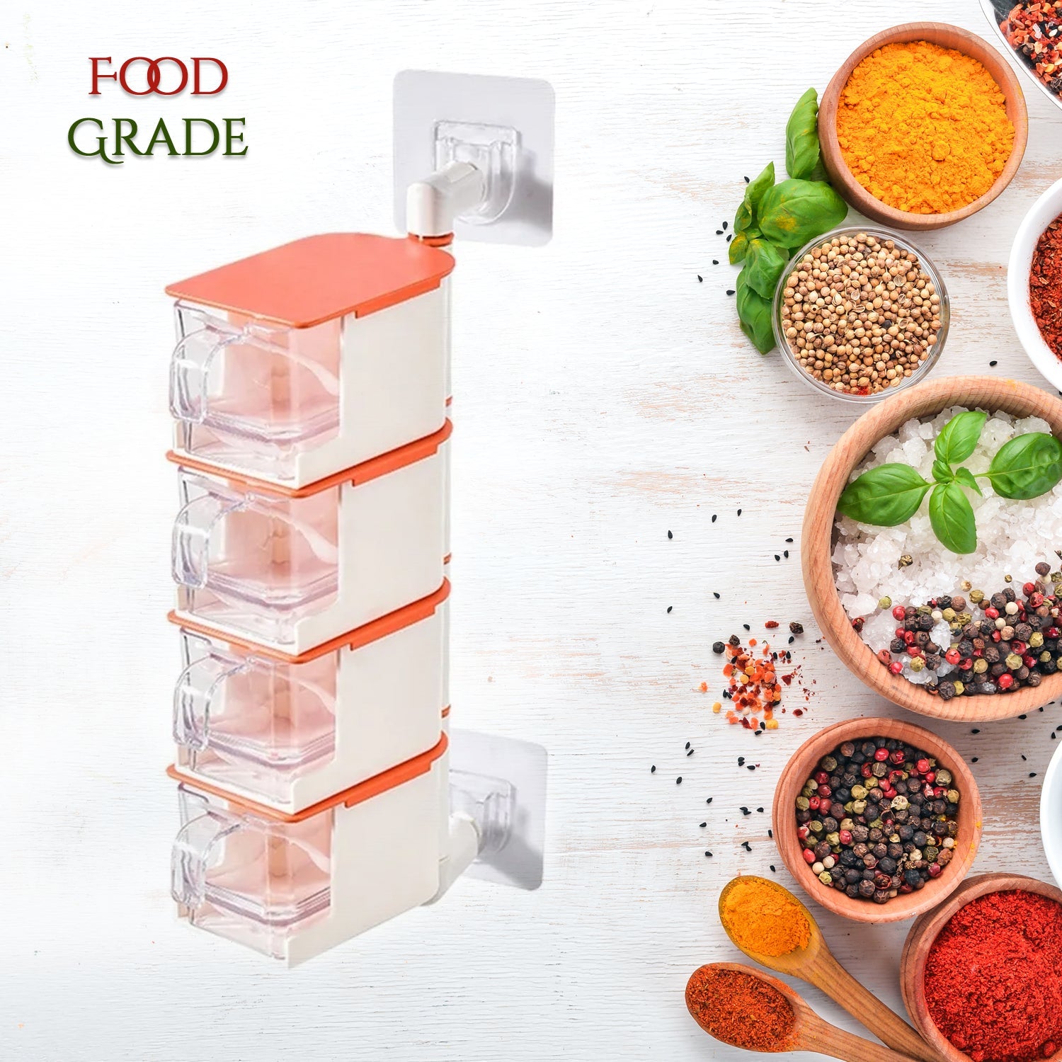 5942 4 Layer Creative Adhesive Wall Hanging Rotary Seasoning Box Condiment Storage Container Kitchen with Spoon Pepper Sugar Spice Jar Rack Food Eshaan Traders