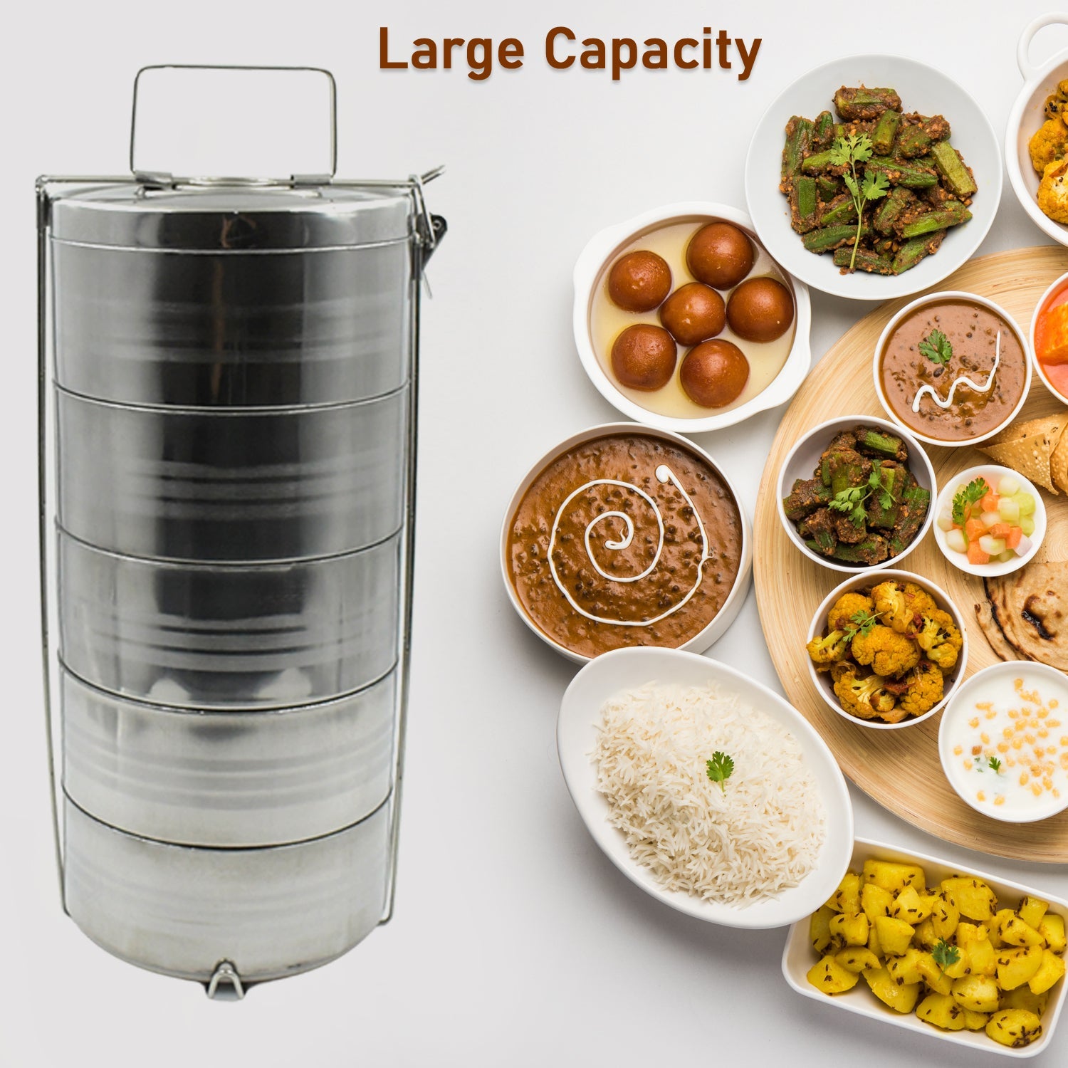 5799 Big Size 5 Compartment Lunch Box Stainless Steel Round Tiffin Traditional Tiffin Box for Kids, College, Office Men and Women Meal Holder with Locking Clip 5 Containers (16x5 Inch) Eshaan Traders