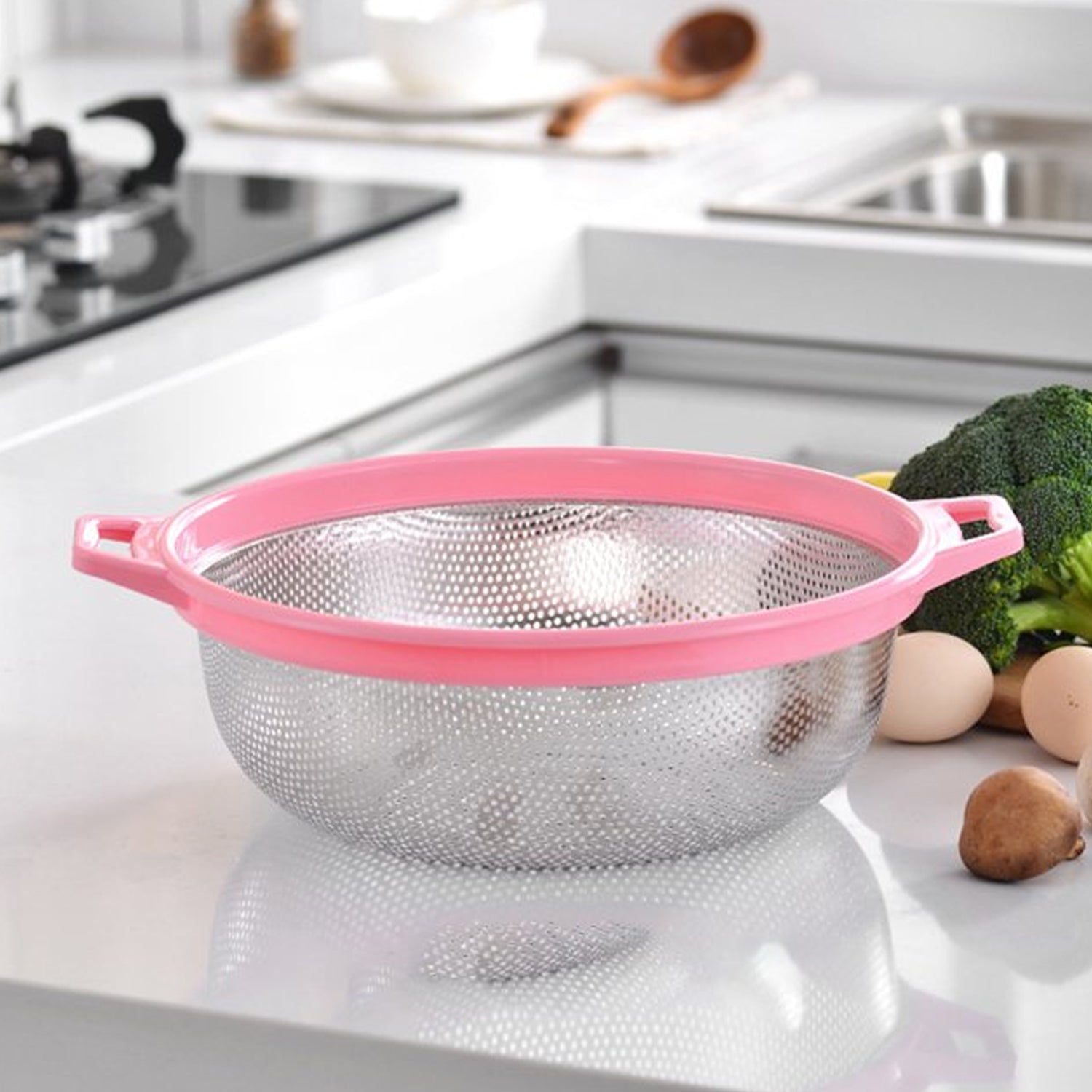 7147 Big Stainless Steel Colander with Handle, Large Metal Mesh Basket Strainer for Pasta, Spaghetti, Berry, Veggies, Fruits,  Kitchen Food Colander, Dishwasher Safe (1 pc ) Eshaan Traders