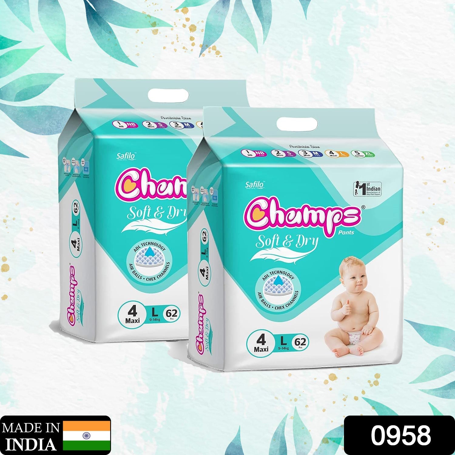 0958 Champs Soft and Dry Baby Diaper Pants  62 Pcs (Large Size  L62) Eshaan Traders