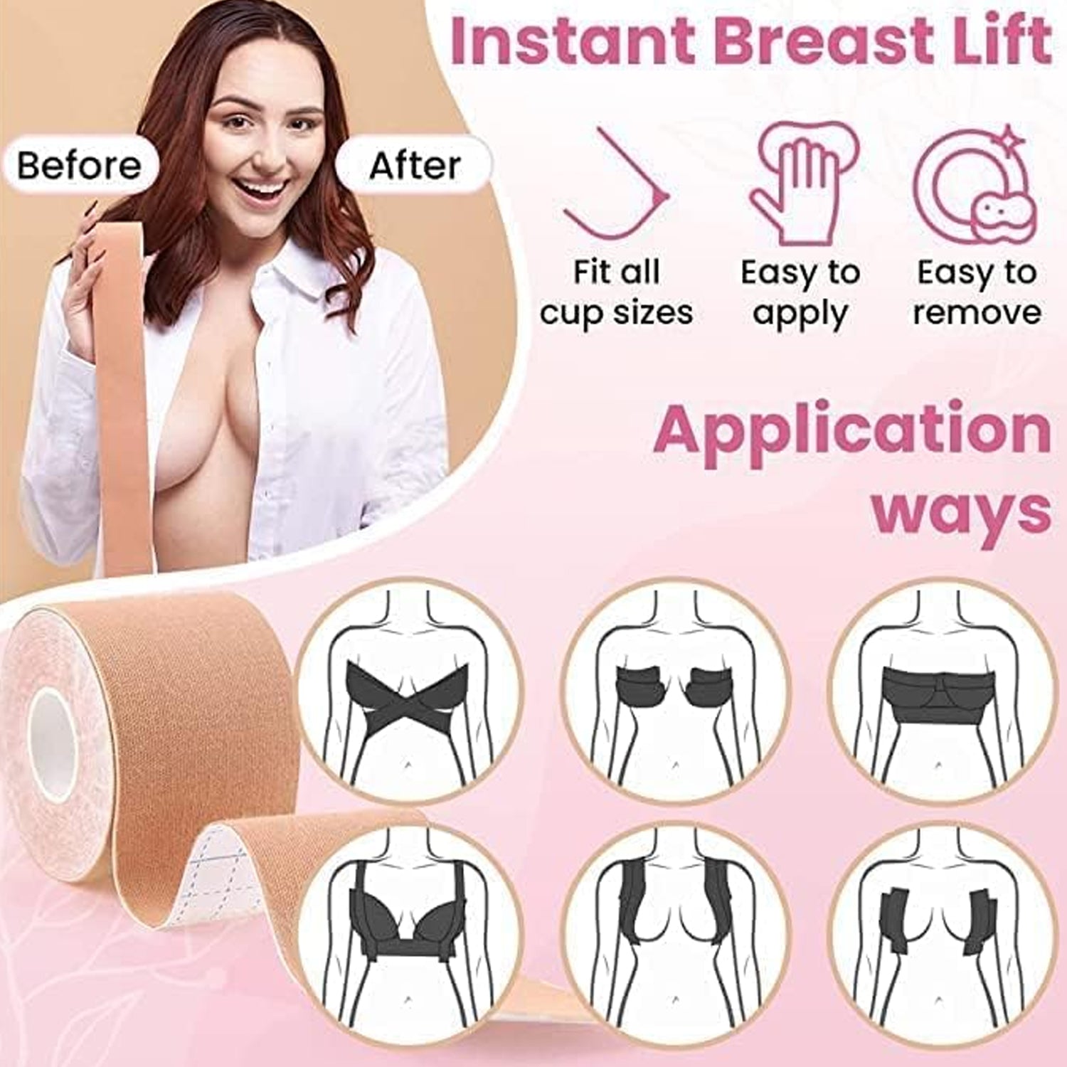 6596 Boob Tape with 10 Pairs Nipple Cover Cotton Wide Thin Breast Tape - Women's & Girl's Breast Lift Booby Tape - Push Up & Lifting Tape - Suitable for All Breast Types - Breast Lift Bra Tape - Bob Tape for Natural Breast Lift (1 Pc 5 Meters) Eshaan Traders