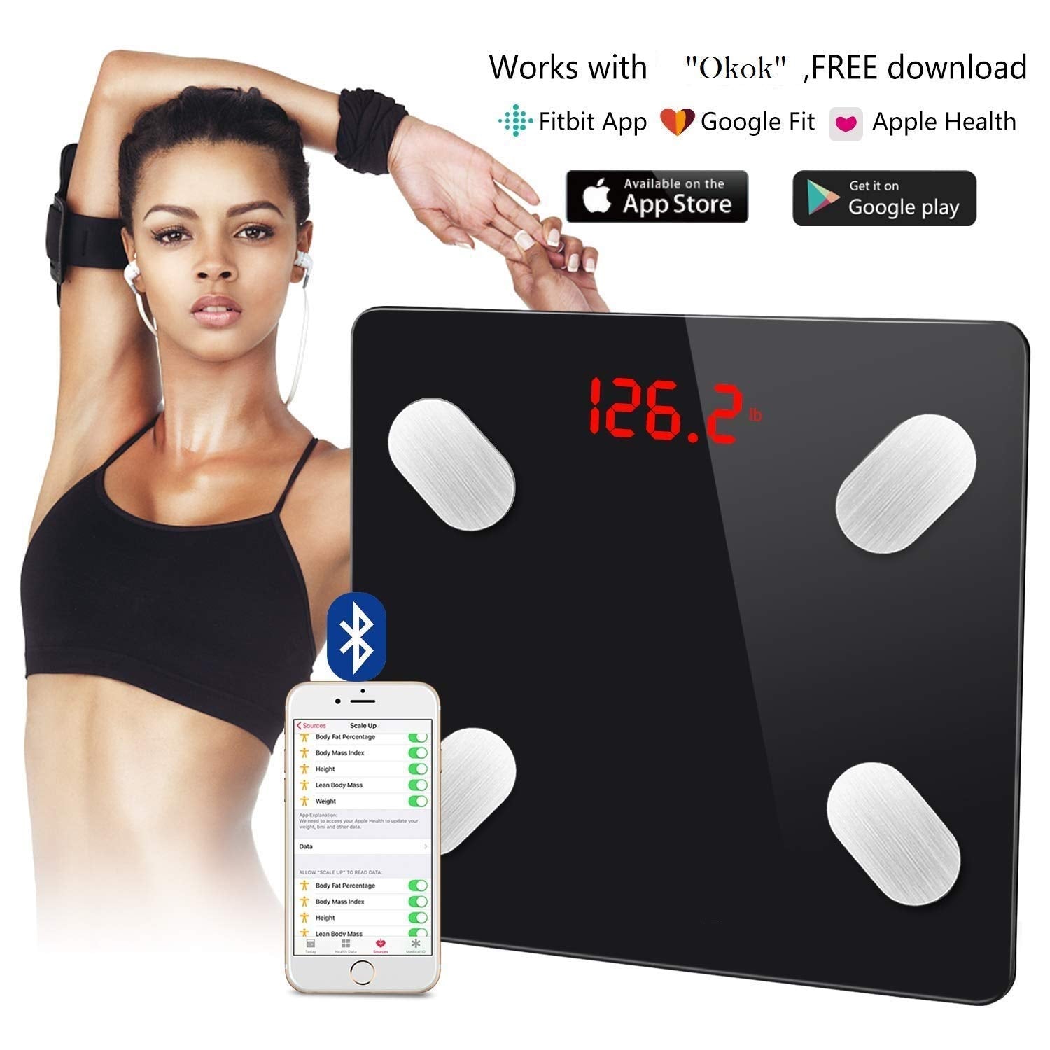 6327 Bluetooth Body Fat Scale Digital Smart Body Weight Scale iOS and Android App to Manage Body Weight, Body Fat, Water, Muscle Mass, BMI, BMR, Bone Mass and Visceral Fat with BMI Scale DeoDap