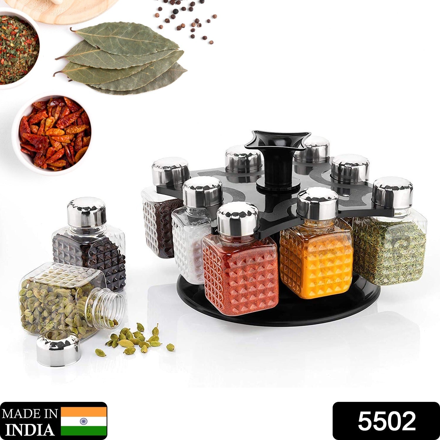 5502 All New Square 8 Bottle Design 360 Degree Revolving Spice Rack Container Condiment, Pieces Set, Square Small Container Eshaan Traders