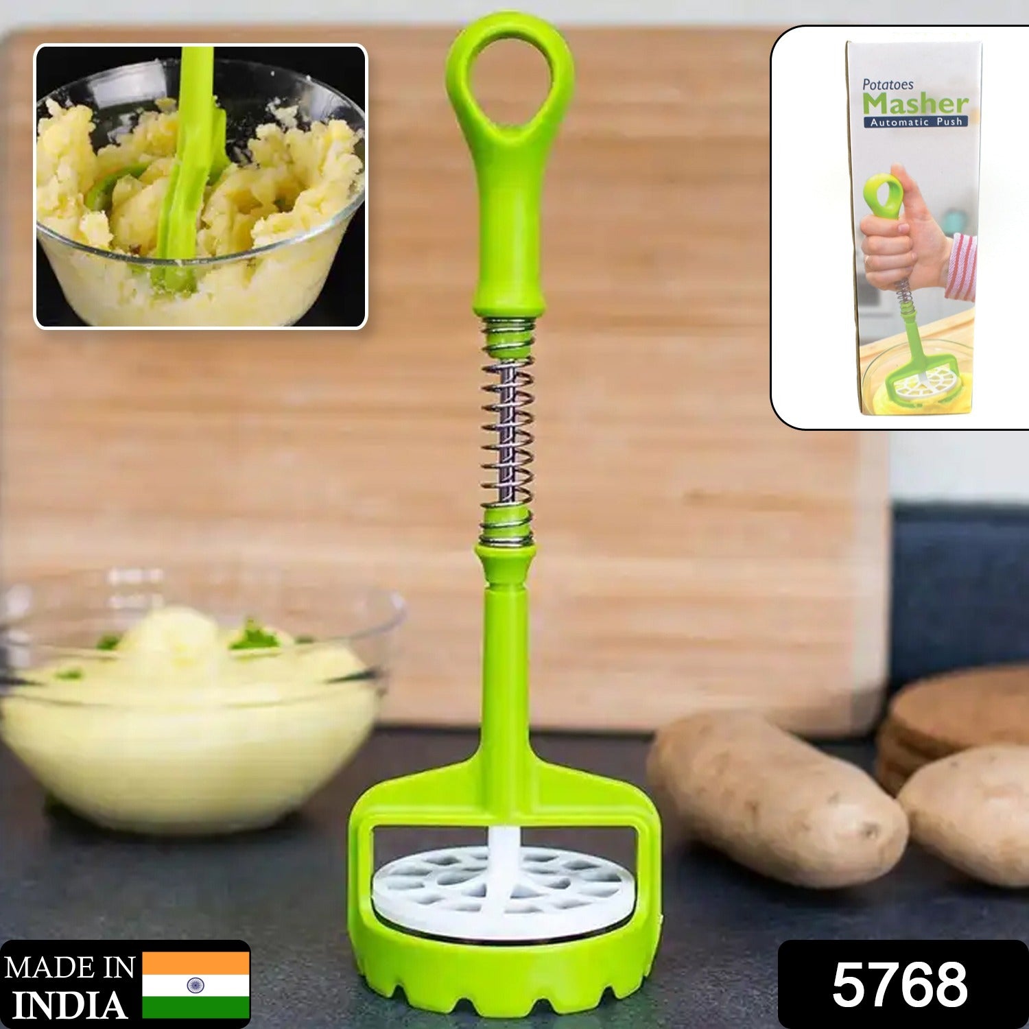 5768 Multi Functional One-Handed Plastic Manual Mashed Potatoes Masher, Mash Sweet Potato Masher with Comfort Grip and Stainless-Steel Spring Design for Nonstick Pans (1 Pc) Eshaan Traders