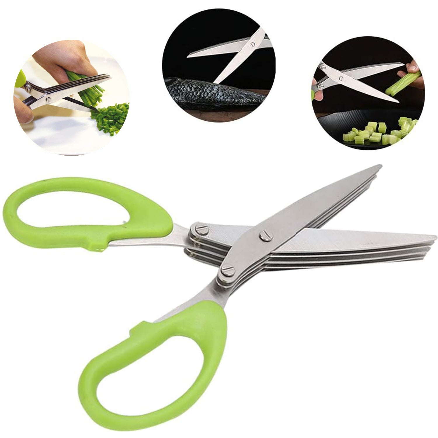 1564 Multifunction Vegetable Stainless Steel Herbs Scissor with 3 Blades Eshaan Traders