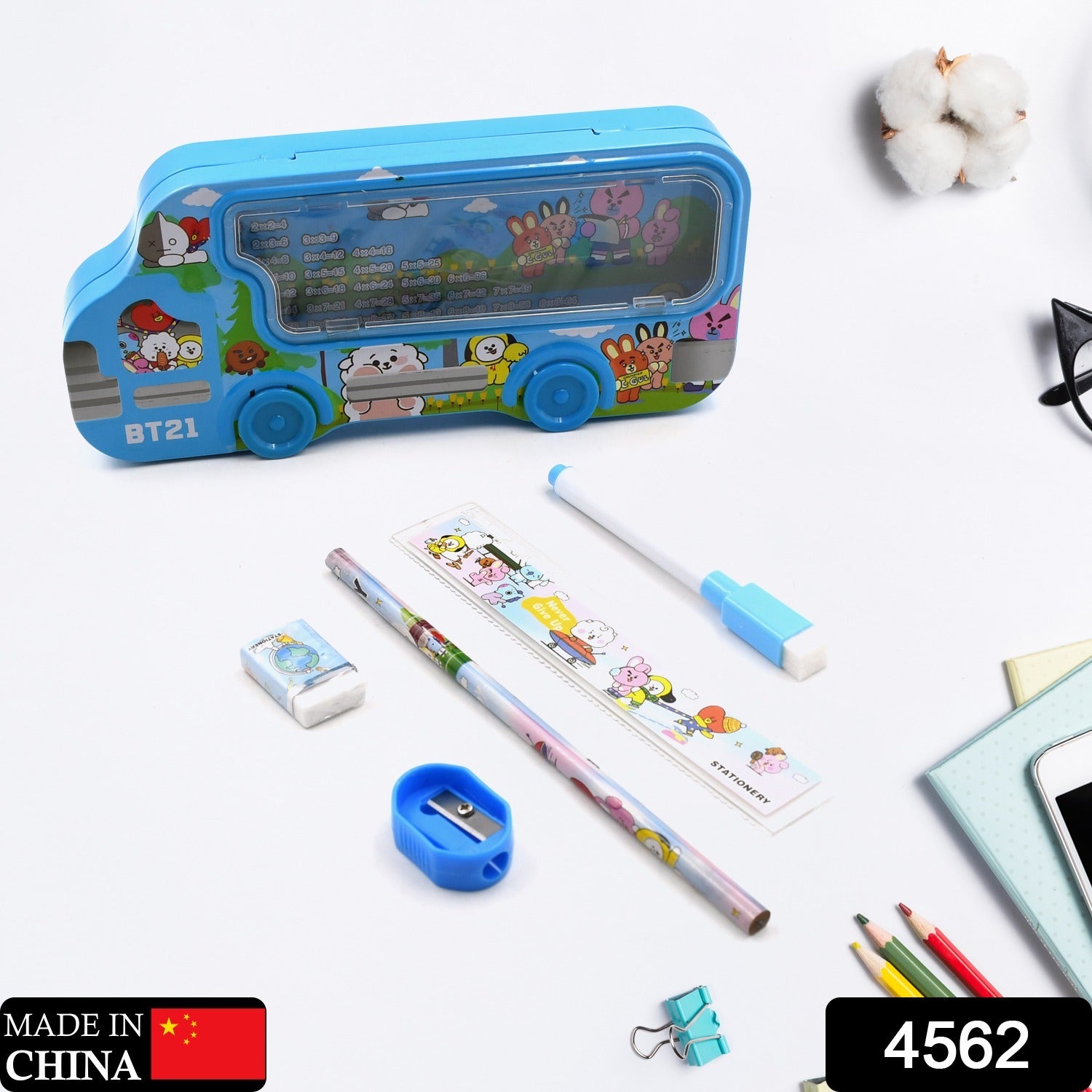 4562  Bus Shape Compass Box for Boys, Kids School Accessories |  Pencil Box  with Wheels for Girls and Kids, String Operated Case Students School Supplies - Stationery Set Organizer Birthday Return Gift for Kids Eshaan Traders