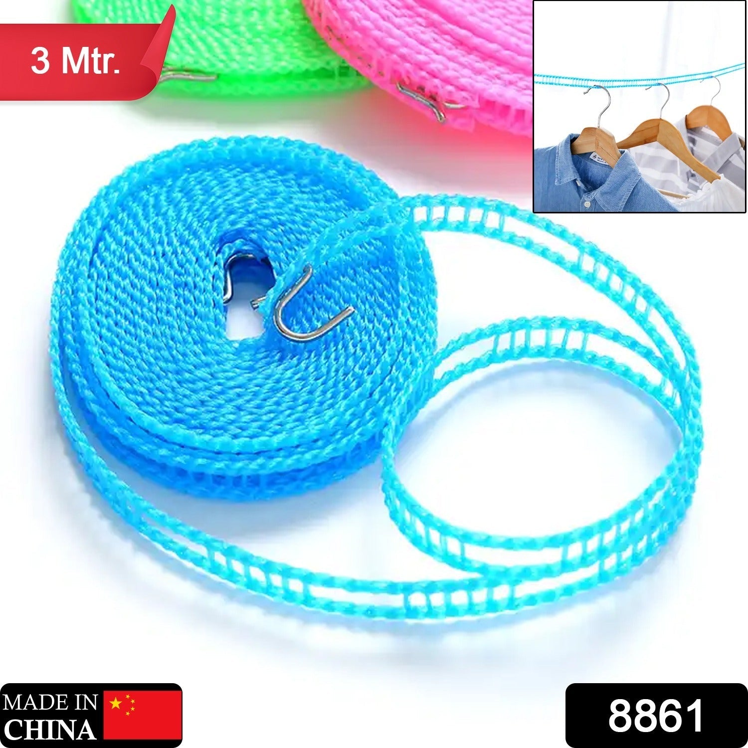 8861 3 Meters Fiber Rope Anti-Slip Clothes Washing Drying Nylon Rope Japan Style Rope with Hooks, Durable Camping Clothesline Portable Clothes Drying Line Indoor Outdoor Laundry Storage for Travel Home Use (3 Mtr.) Eshaan Traders