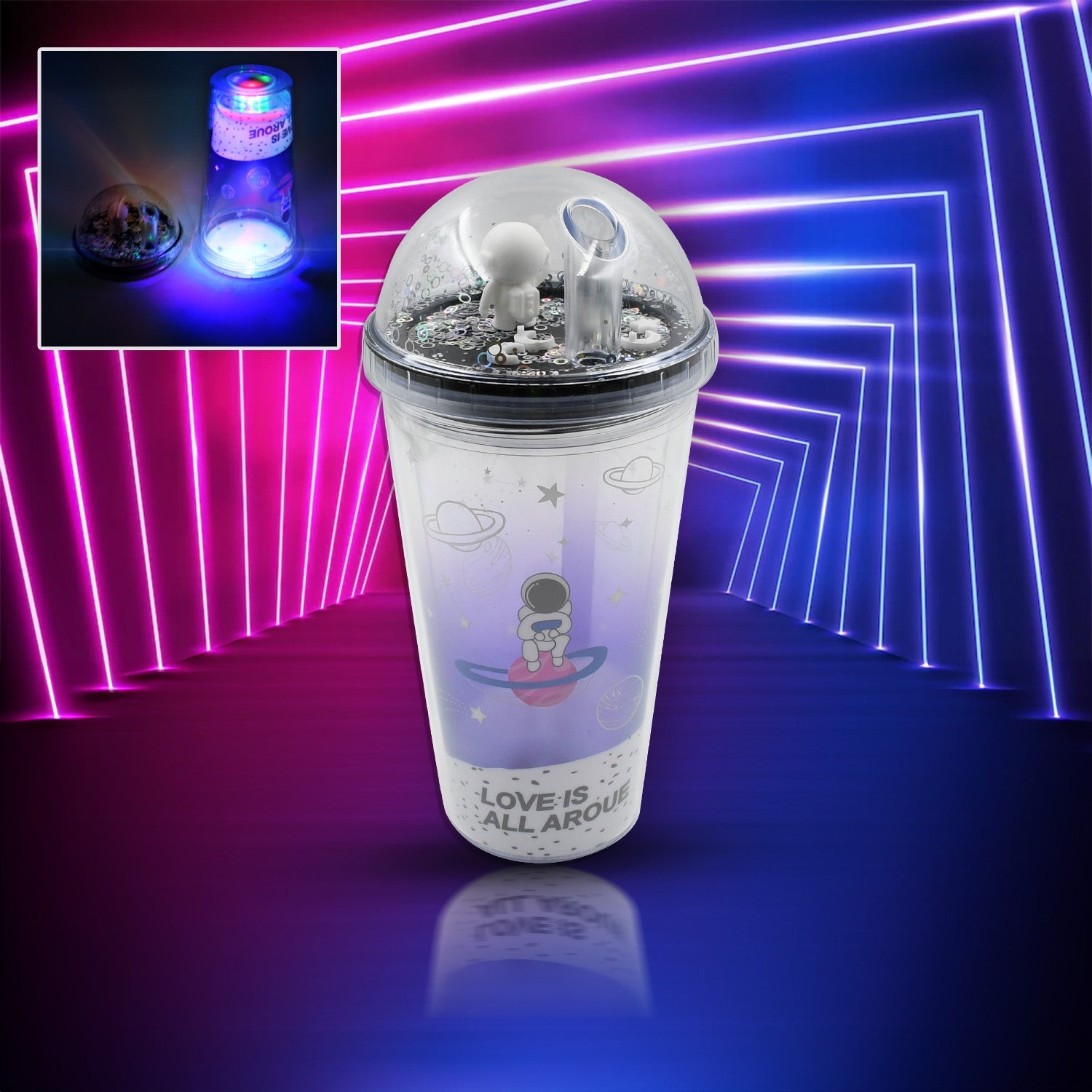 6883B  LED Glow Light, Design Printed Insulated Double Wall Plastic Tumbler Cups With Straws 13oz Theming Astronaut in Space Travel Tumbler Freezer Mug Drinking Cups for Boys and Girls School/Tuition/Gym/ Picnic (Pack Of 1) Eshaan Traders