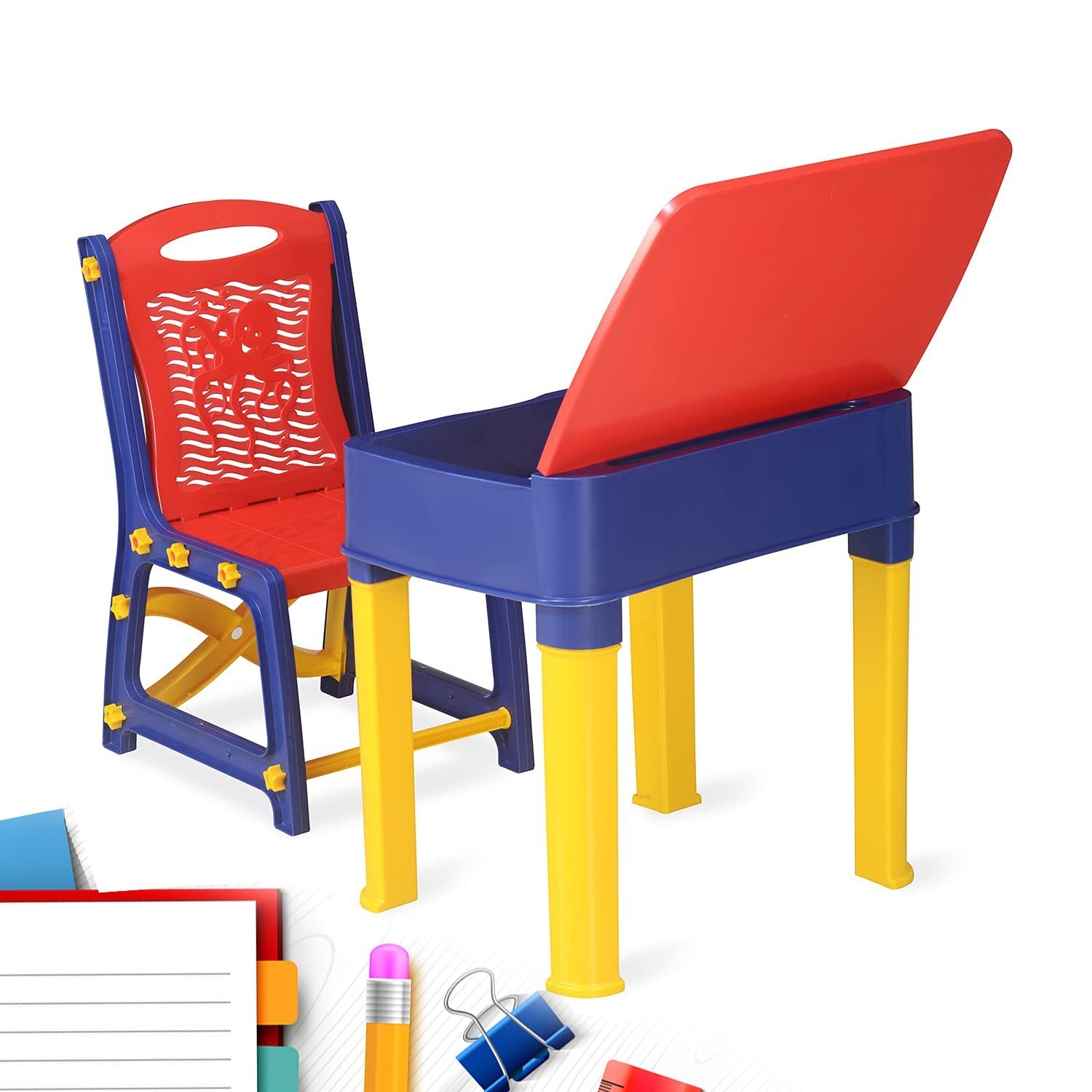 4639 Study Table And Chair Set For Boys And Girls With Small Box Space For Pencils Plastic High Quality Study Table (Red/Blue/Yellow) Eshaan Traders