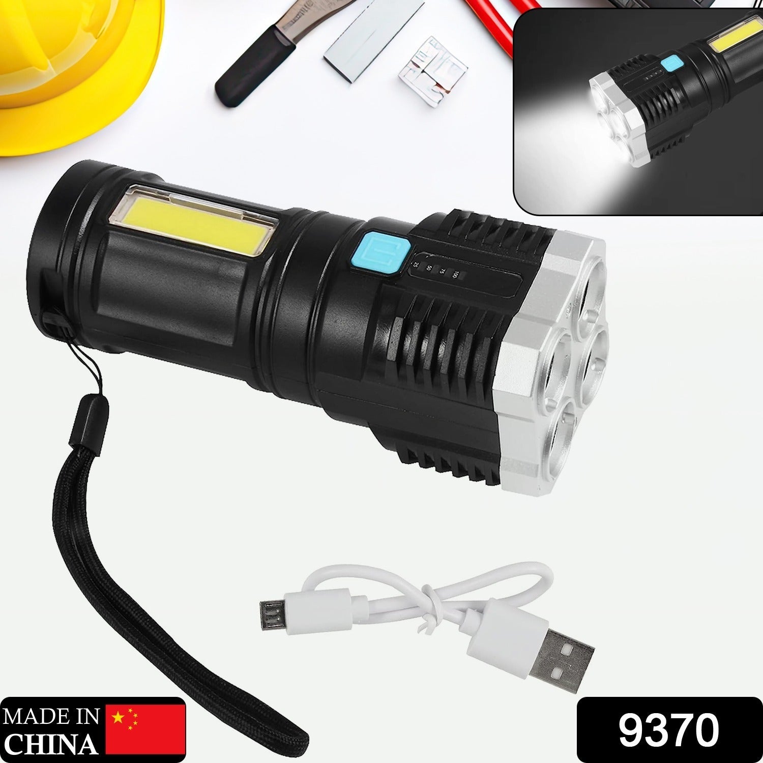 9370 Multifunctional Strong 4 LED Torch Light, Portable Rechargeable Flashlight Long Distance Beam Range 800 Lumens COB Light 4 Mode Emergency for Hiking, Walking, Camping (4 LED Torch) Eshaan Traders