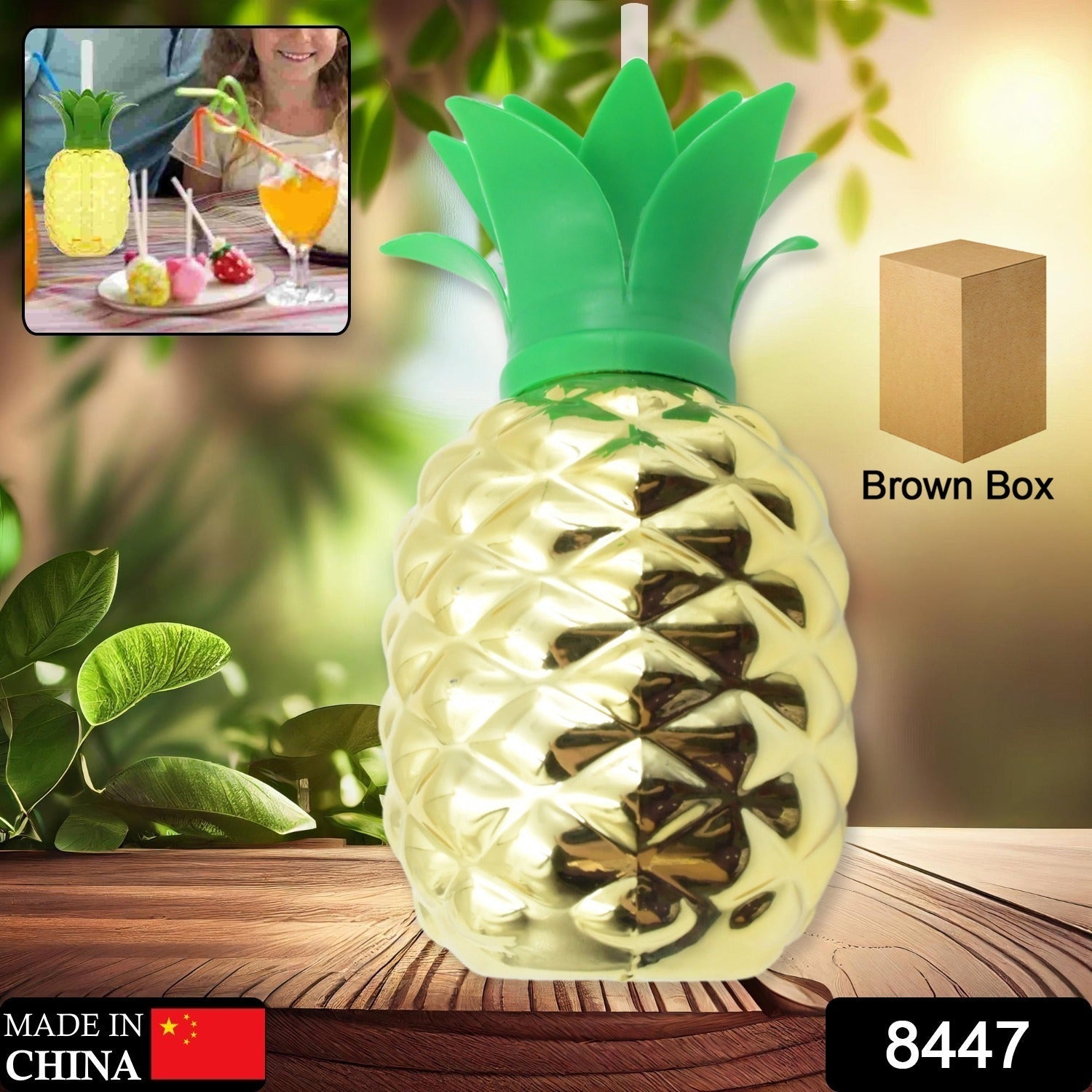 8447 Plastic Pineapple Cups With Straw Pineapple Party Favors Summer Hawaiian and Beach Party Decorations for Kids Adults With Brown Box(1 Pc) Eshaan Traders