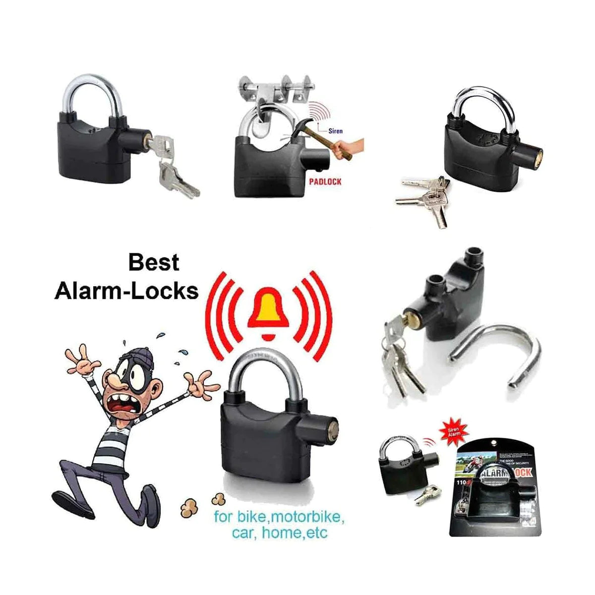 0185a Security Alarm Lock System | Waterproof Black Anti-theft Siren 110dba alarm anti Padlock FoR Bike|Door Window|Battery  padlock Eshaan Traders