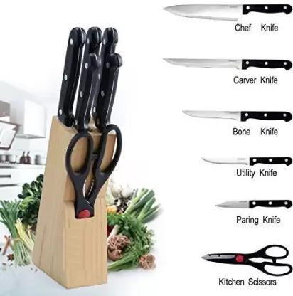 102 Kitchen Knife Set with Wooden Block and Scissors (5 pcs, Black) Eshaan Traders