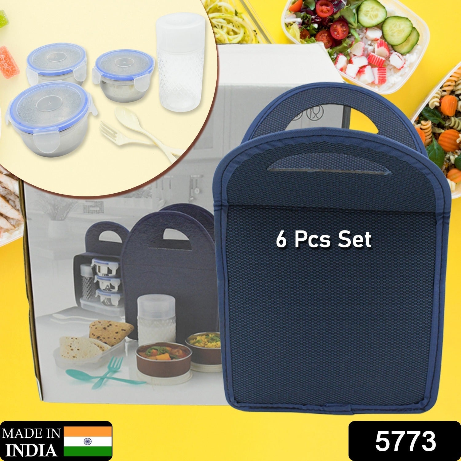 5773 6In1 Tiffin Box-Lunch Box | 3 Stainless Steel Containers | Plastic lid Box | Spoon & Fork /Plastic Bottle | Insulated Fabric Bag | Leak Proof | Microwave Safe  for Office, College and School for Men, Women (6 pcs) Eshaan Traders