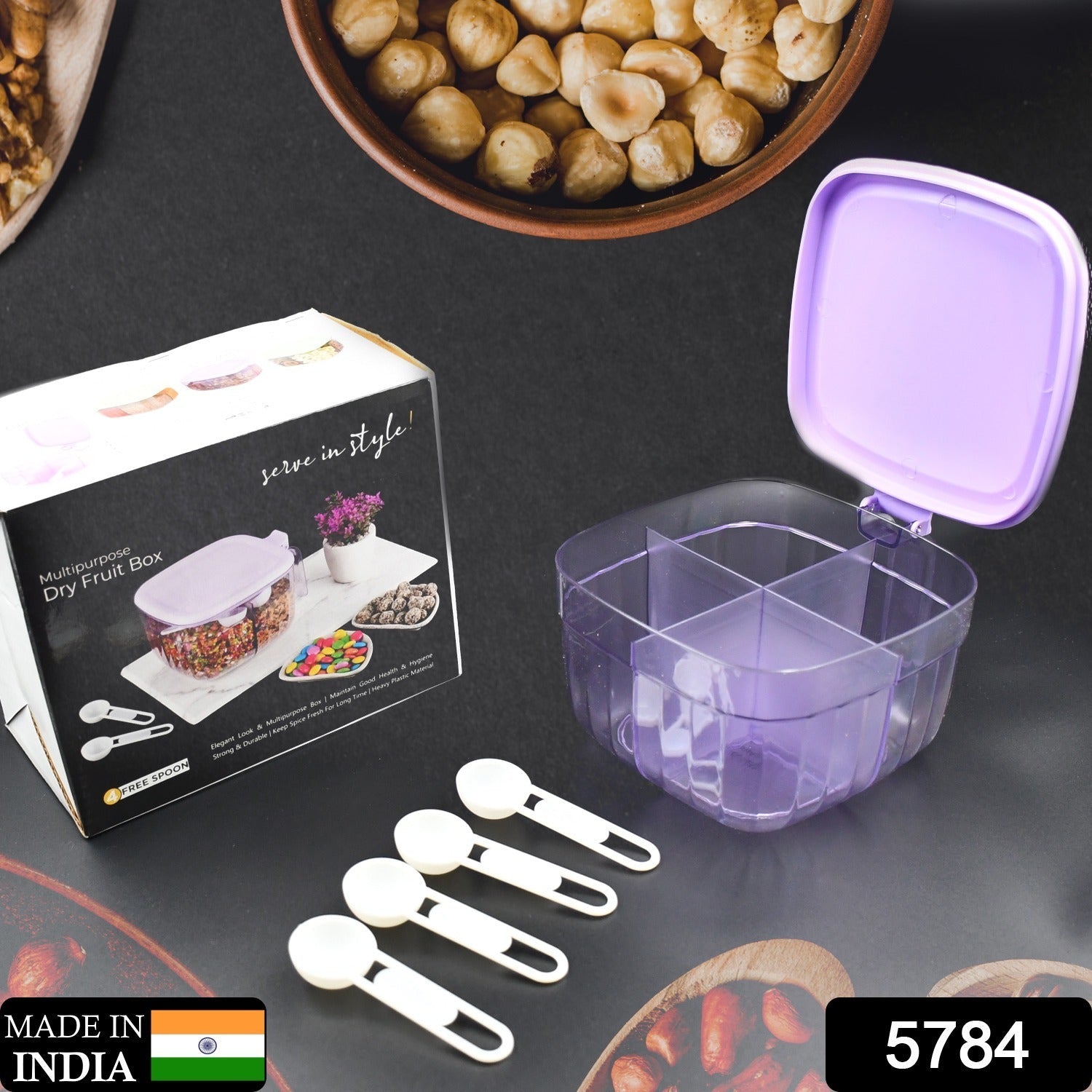 5784  Multipurpose Dry fruit Set, Chocolate, Snacks Storage Box, Masala Box  for Home and Kitchen Airtight Dry Fruit Plastic Storage Container Tray Set With Lid & 4 Compartment, 4 Spoon Container for Sweets,Chips,Cookies | (1 Pc ) Eshaan Traders