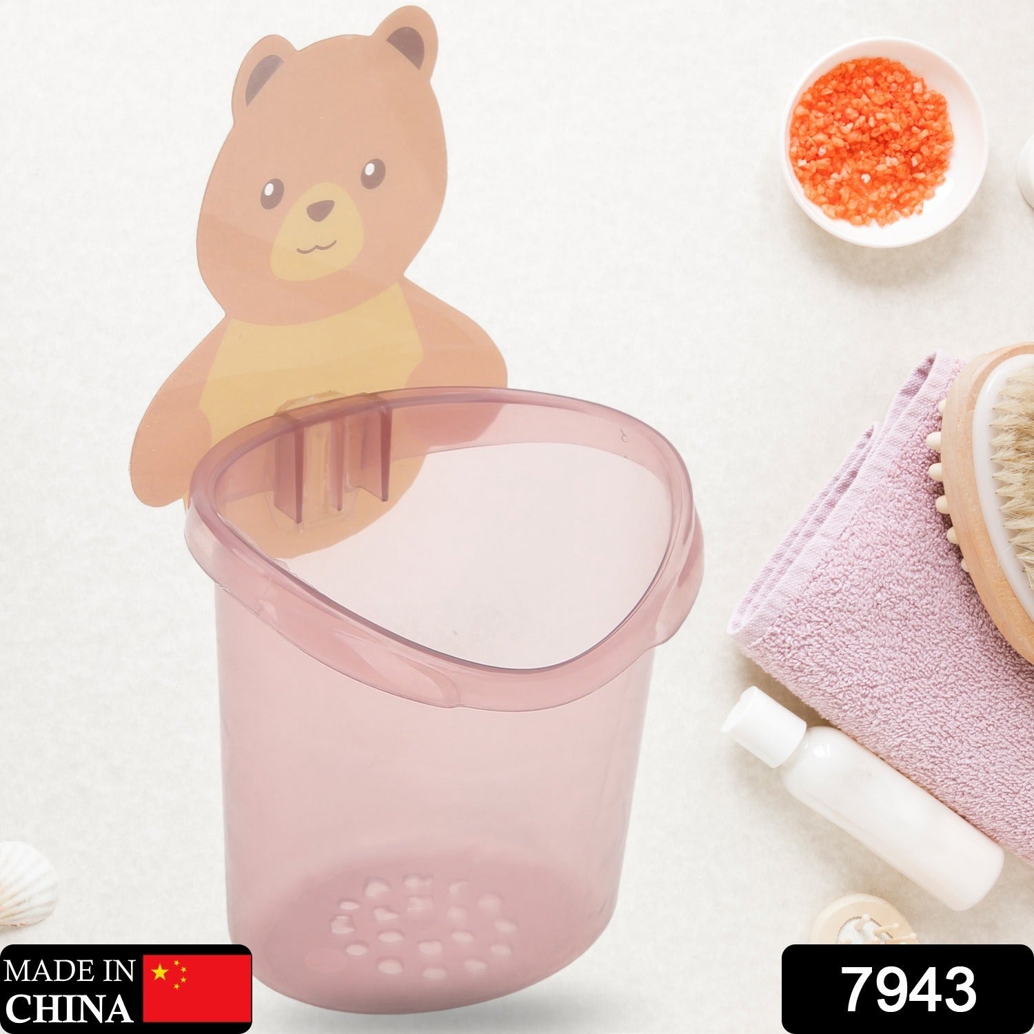 7943 Multipurpose Wall Mount Toothbrush Holder Plastic Stand for Toothpaste, Comb, Brush, Cream, Lotion Kids Bathroom Cup Drain Waterproof Self-Adhesive, Teddy Bear Eshaan Traders