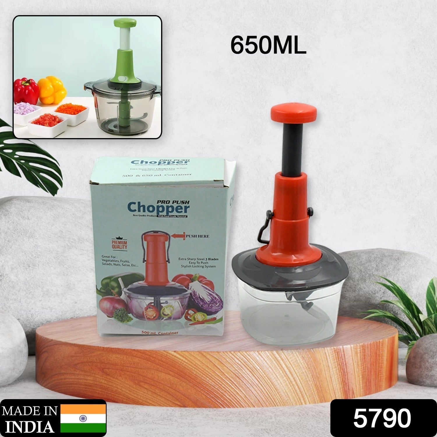 5790 Manual Press Fruit & Vegetable Chopper, with 3 Stainless Steel Blades, Anti-Slip Base, and Locking System, Cutting Chopper For Kitchen (650 ML) Eshaan Traders