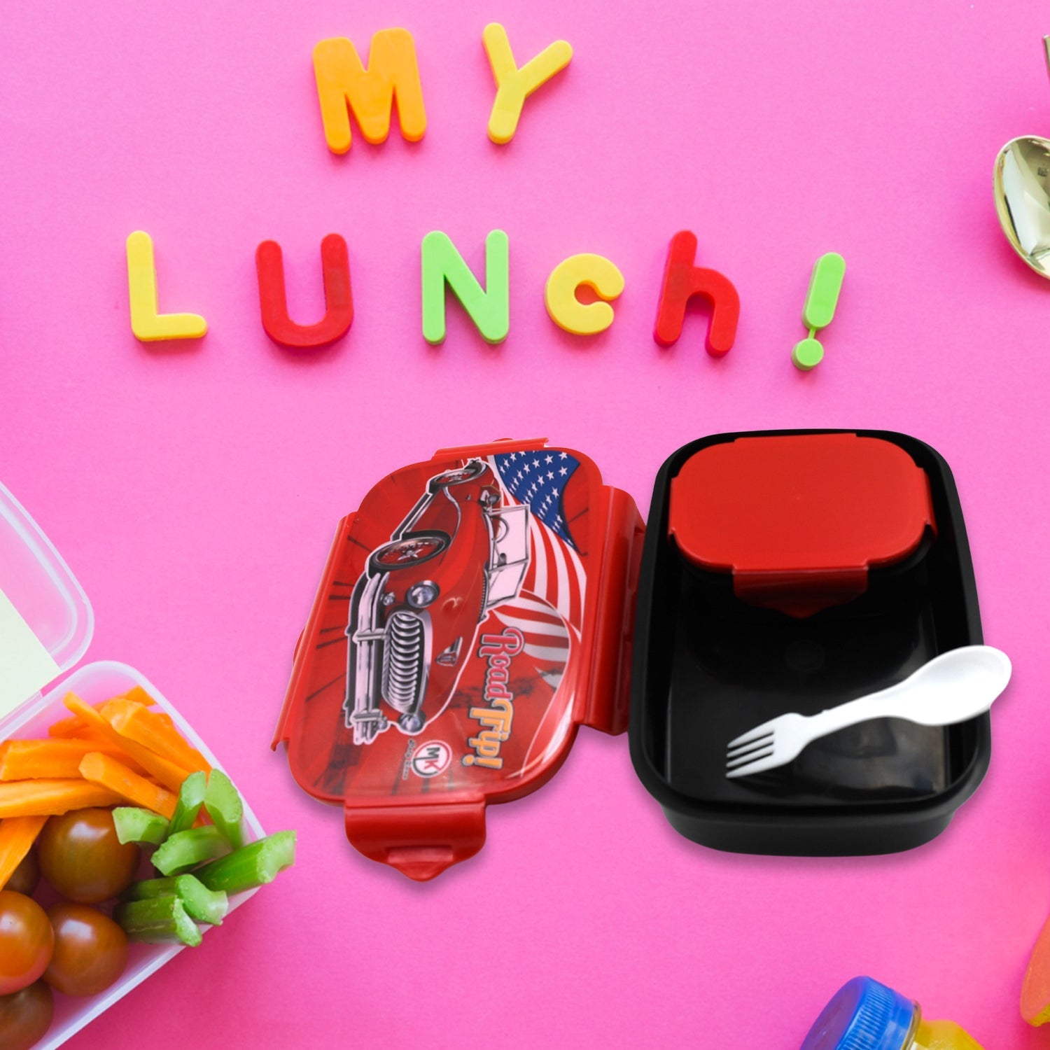 5982 Beautiful Car Design Printed Plastic Lunch Box With Inside Small Box & Spoon for Kids, Air Tight Lunch Tiffin Box for Girls Boys, Food Container, Specially Designed for School Going Boys and Girls Eshaan Traders