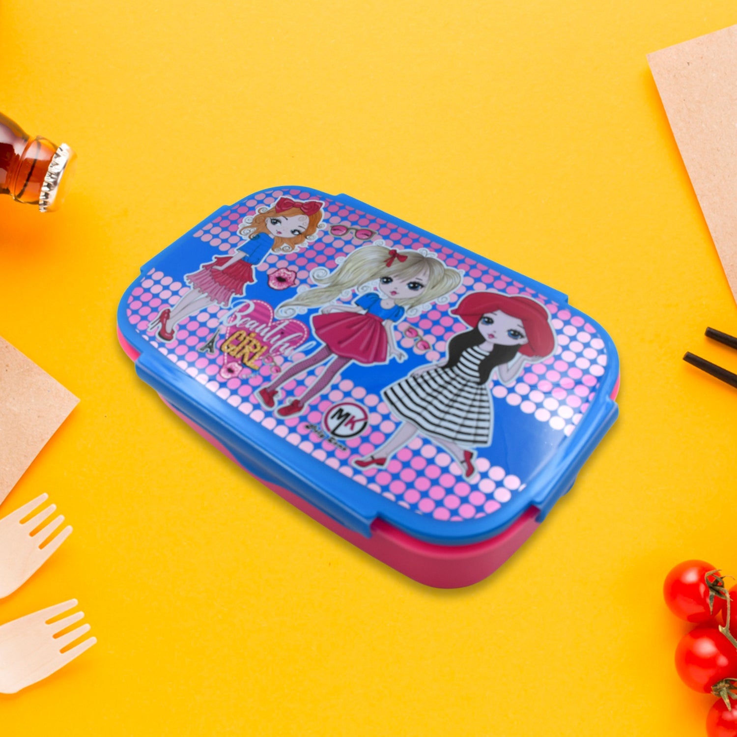 5983 Cartoon Printed Plastic Lunch Box With Inside Small Box & Spoon for Kids, Air Tight Lunch Tiffin Box for Girls Boys, Food Container, Specially Designed for School Going Boys and Girls Eshaan Traders