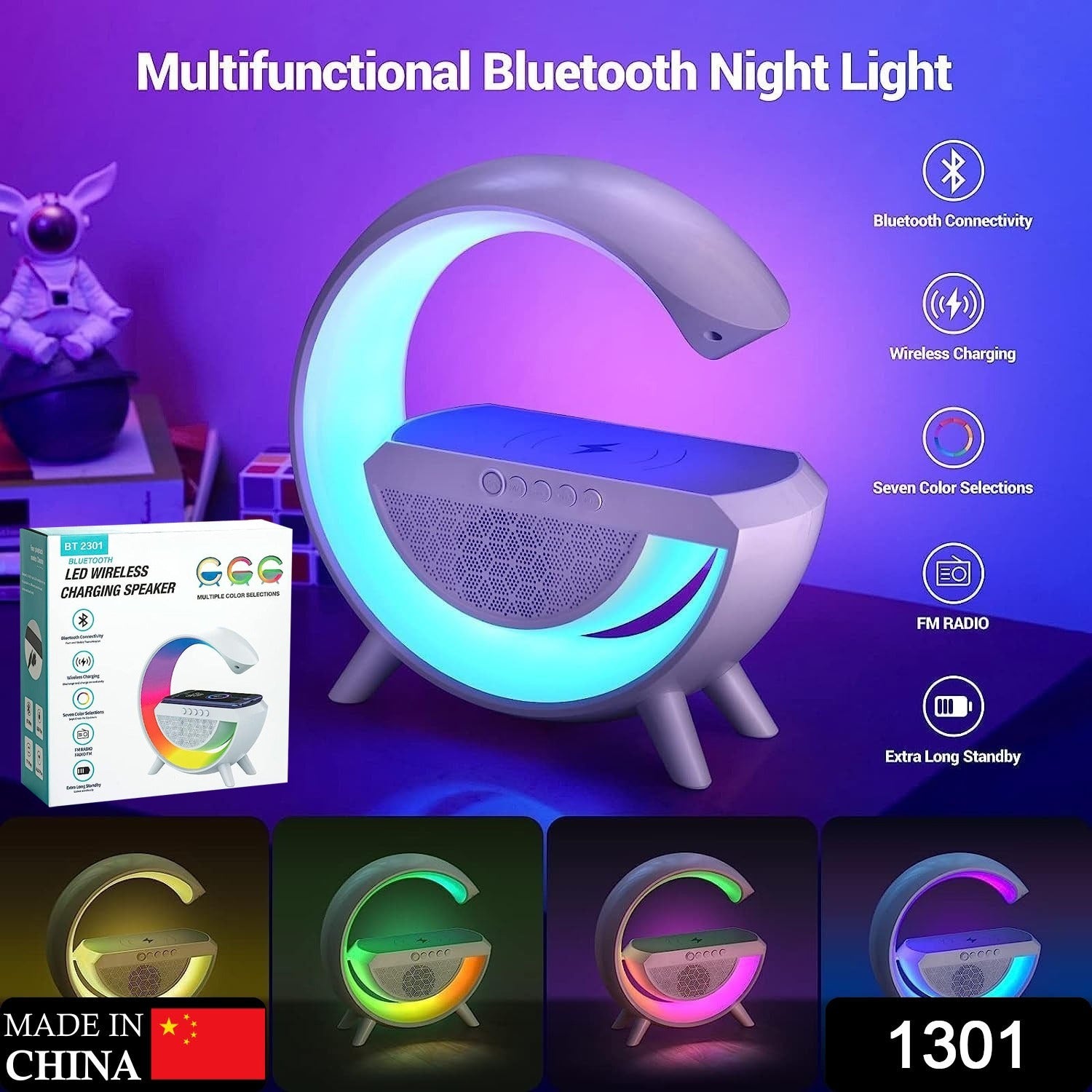 1301 3-in-1 Multi-Function LED Night Lamp with Bluetooth Speaker, Wireless Charging, for Bedroom for Music, Party and Mood Lighting - Perfect Gift for All Occasions  blootuth speaker (Media Player) Eshaan Traders