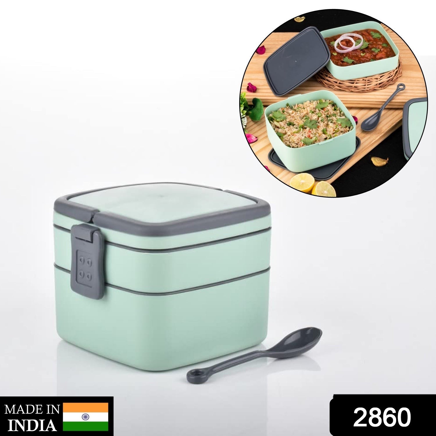 2860 GREEN DOUBLE-LAYER PORTABLE LUNCH BOX STACKABLE WITH CARRYING HANDLE AND SPOON LUNCH BOX , Bento Lunch Box Eshaan Traders