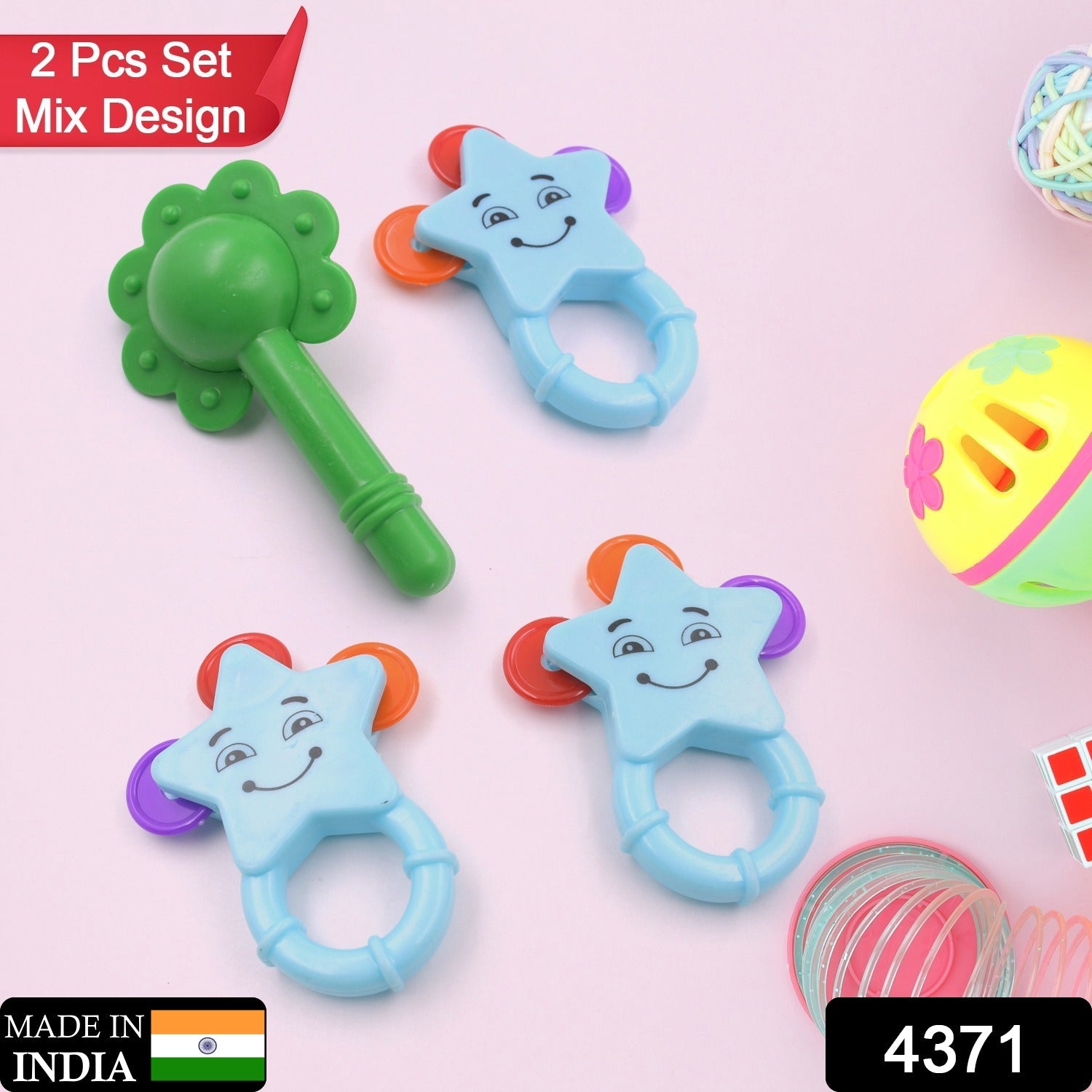 4371 Mix Design Rattle Set for New Born Babies with Attractive Colors and Khanjari Rattle, Musical Gallery Khanjari Musical Instrument Toy Baby Play Toy Fun Return Gift for Kids Birthday (1 Set 2 Pc) Eshaan Traders