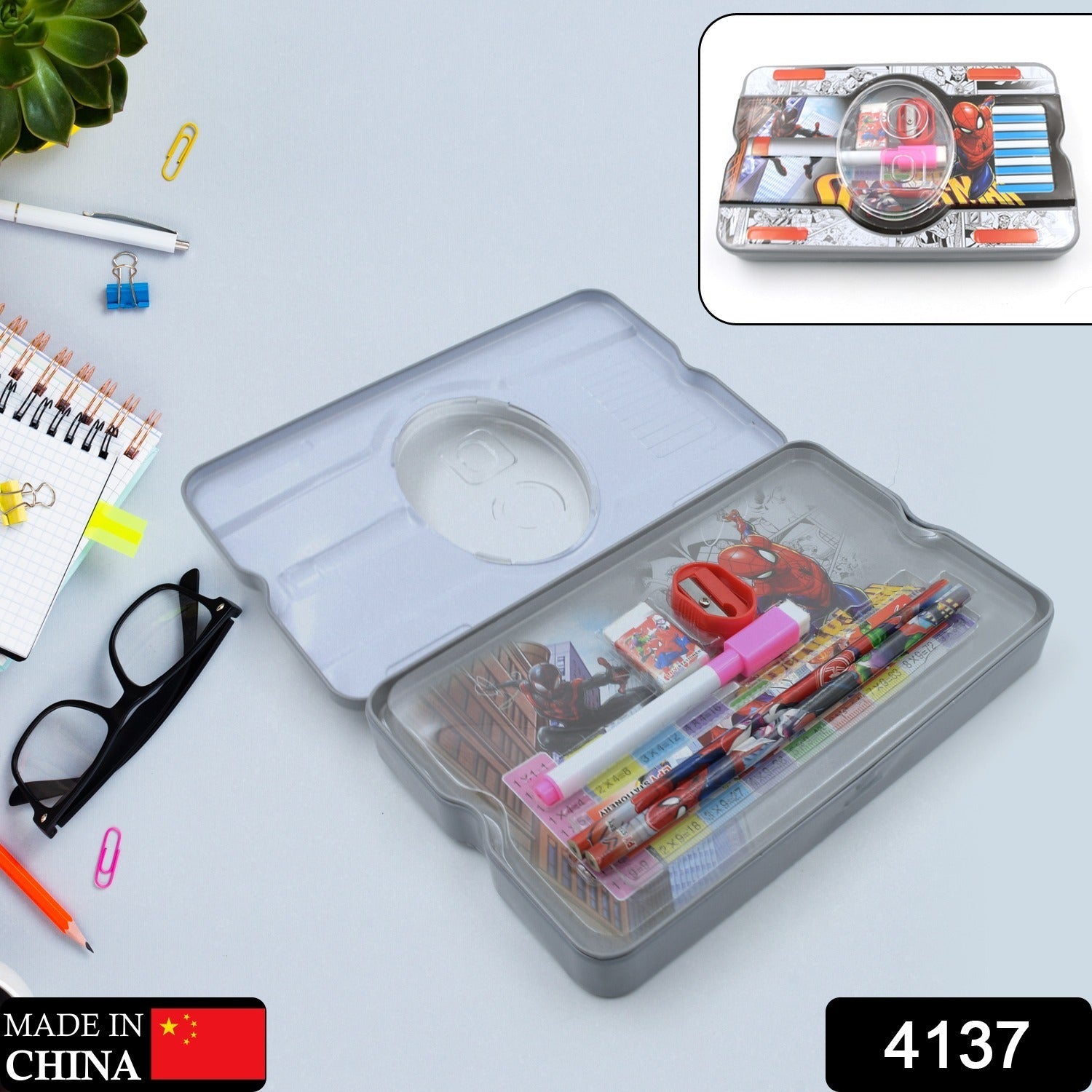 4137 Big Cartoon Printed  Metal Compass Box, Pencil Case With Sharpner, Eraser, Pencil, Marker & Scale for Kids Stationery Compass Box, Stationery Gift for School Kids Compass, Pencil Box, Birthday Return Gift for Kids  (6 Pc Set) Eshaan Traders