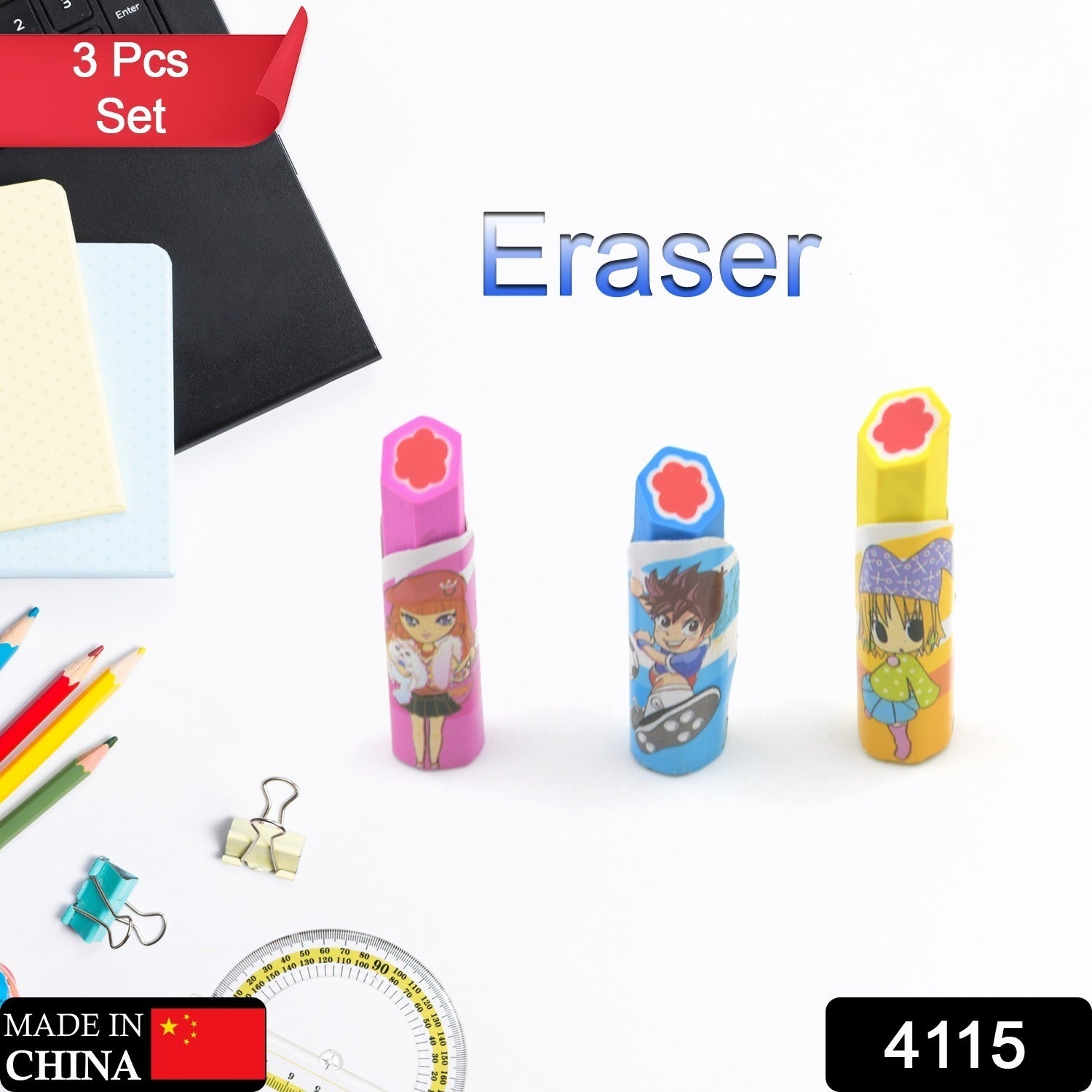 4115 Lipstick Style Rubber Eraser for Return Gift, Lipstick Shape Non-Toxic Eraser for Kids, 3D Stationary for Birthday Return Gift (3 Pc Set) Eshaan Traders