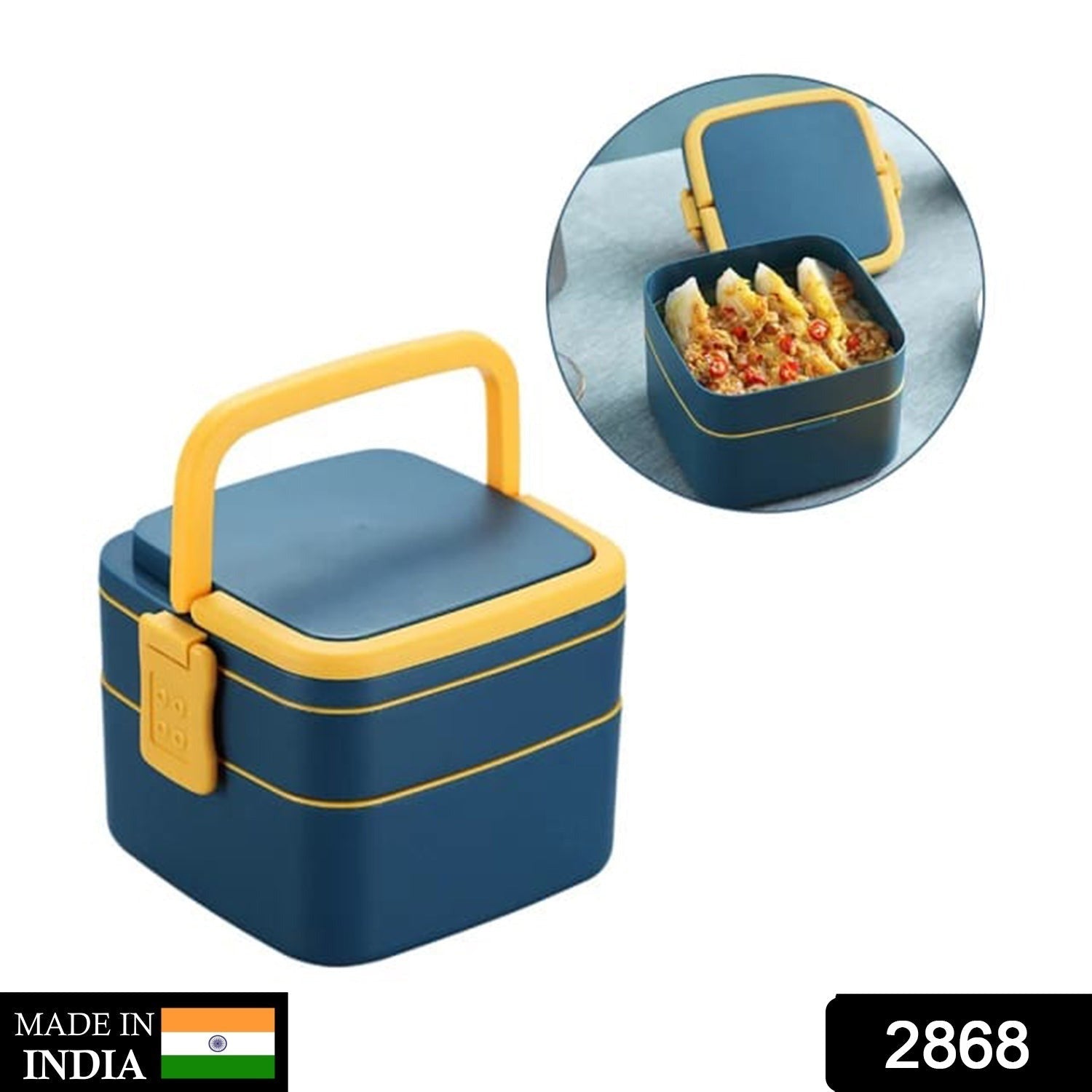 2868 BLUE DOUBLE-LAYER PORTABLE LUNCH BOX STACKABLE WITH CARRYING HANDLE AND SPOON LUNCH BOX , Bento Lunch Box Eshaan Traders