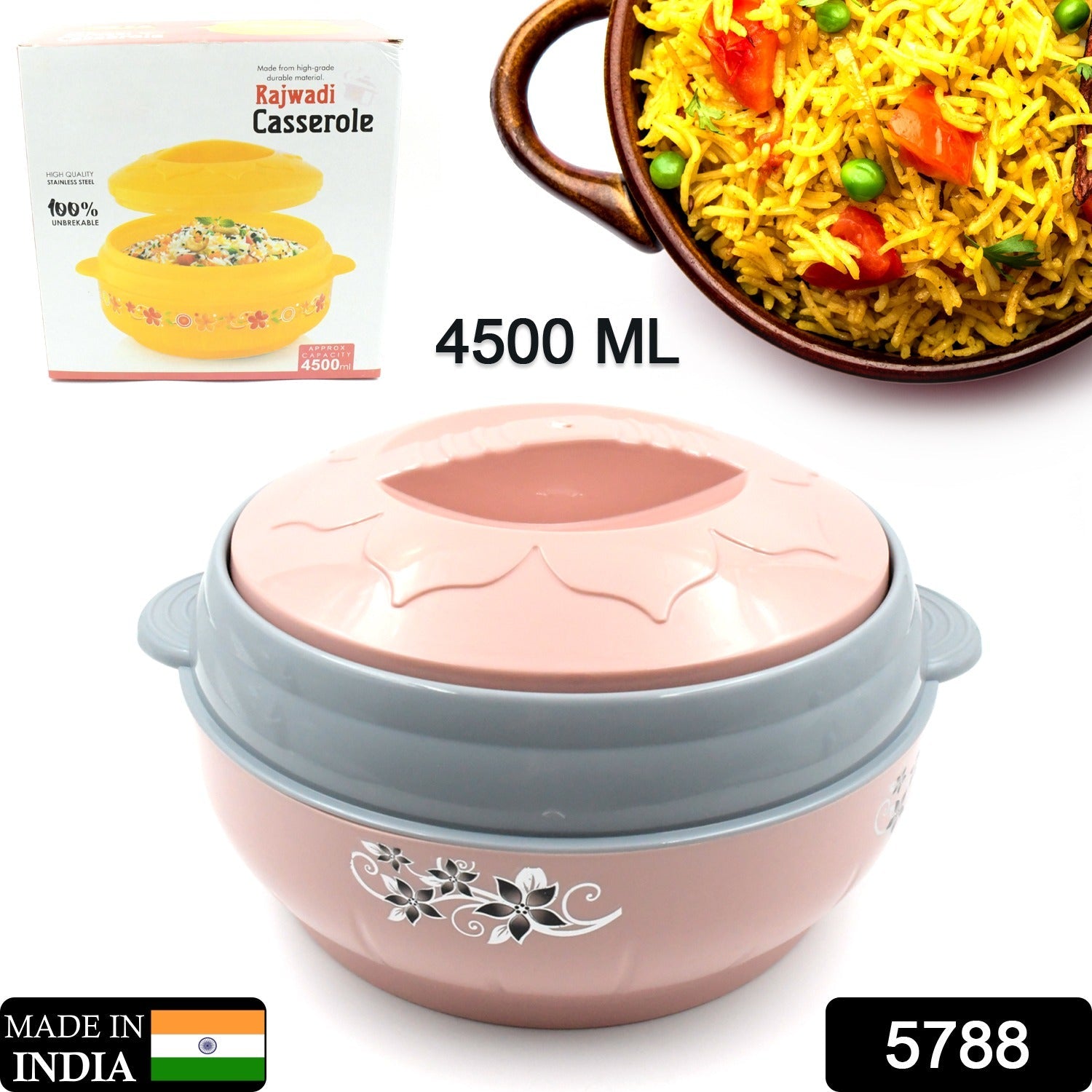 5788 High Quality Steel Casserole Box for Food Searving Inner Steel Insulated Casserole Hot Pot Flowers Printed Chapati Box for Roti Kitchen (Approx 4500 ml) Eshaan Traders