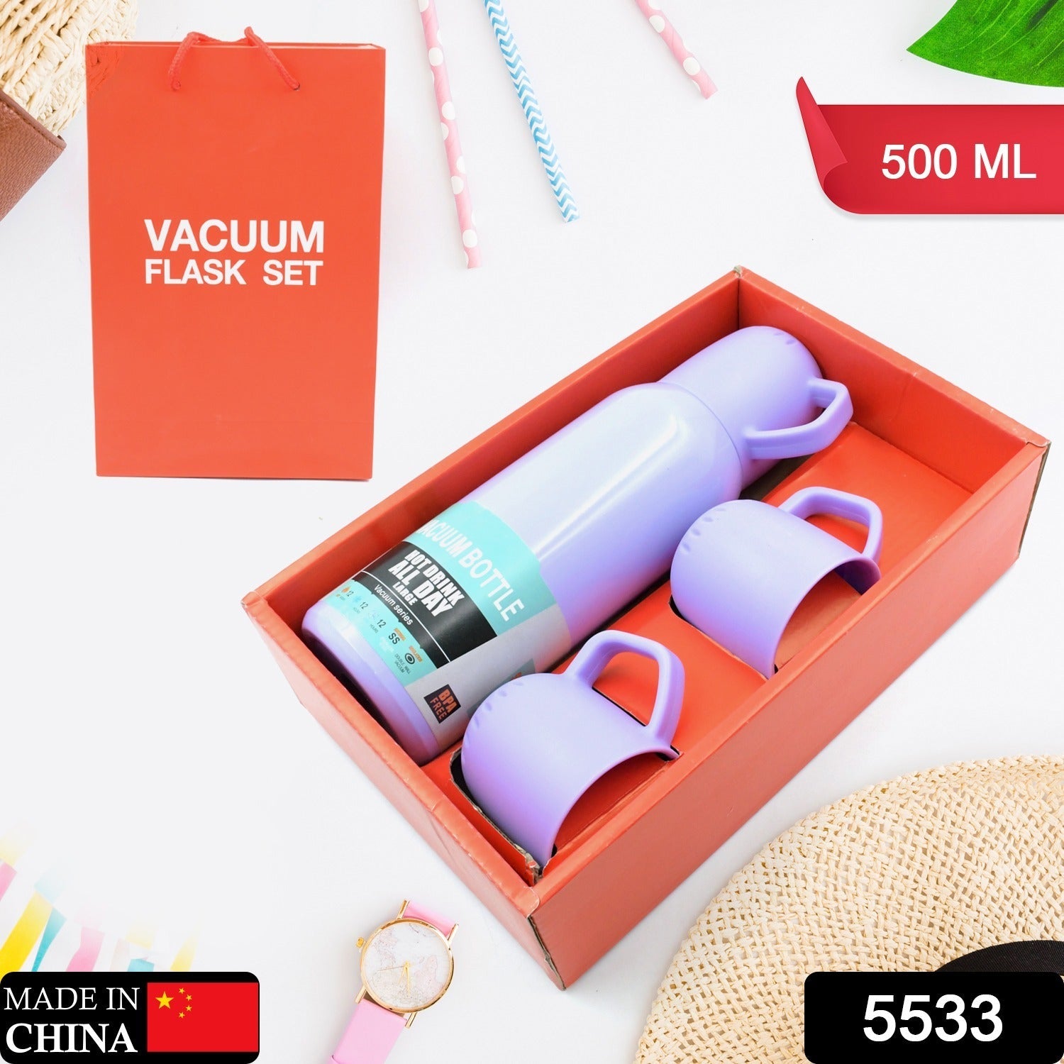 5533 Vacuum Flask Set Stainless Steel Thermos With 3 Cup Creative Gift Set With Cover Handle Portable Car Water Bottle Set (Approx 500ml) Eshaan Traders