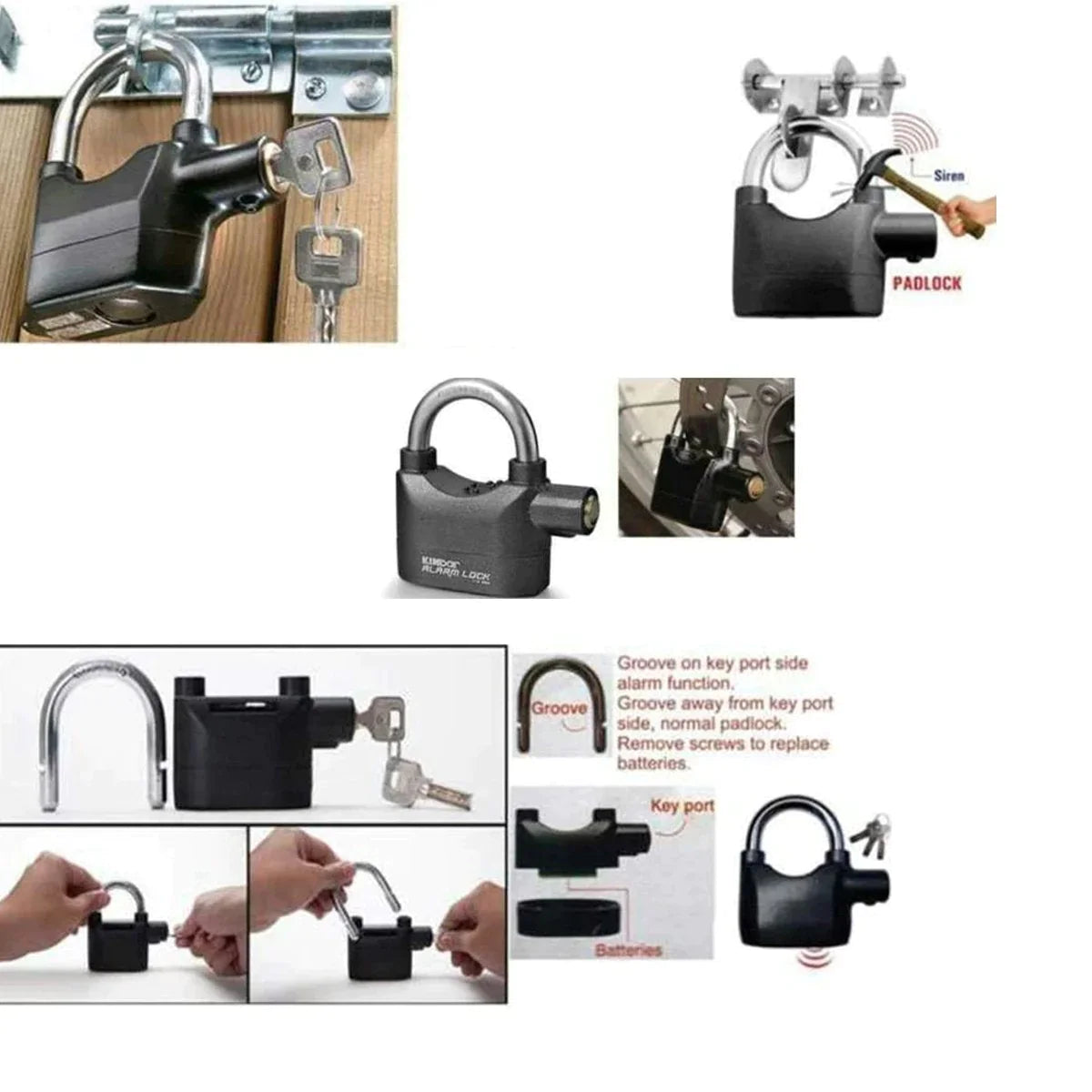 0185a Security Alarm Lock System | Waterproof Black Anti-theft Siren 110dba alarm anti Padlock FoR Bike|Door Window|Battery  padlock Eshaan Traders