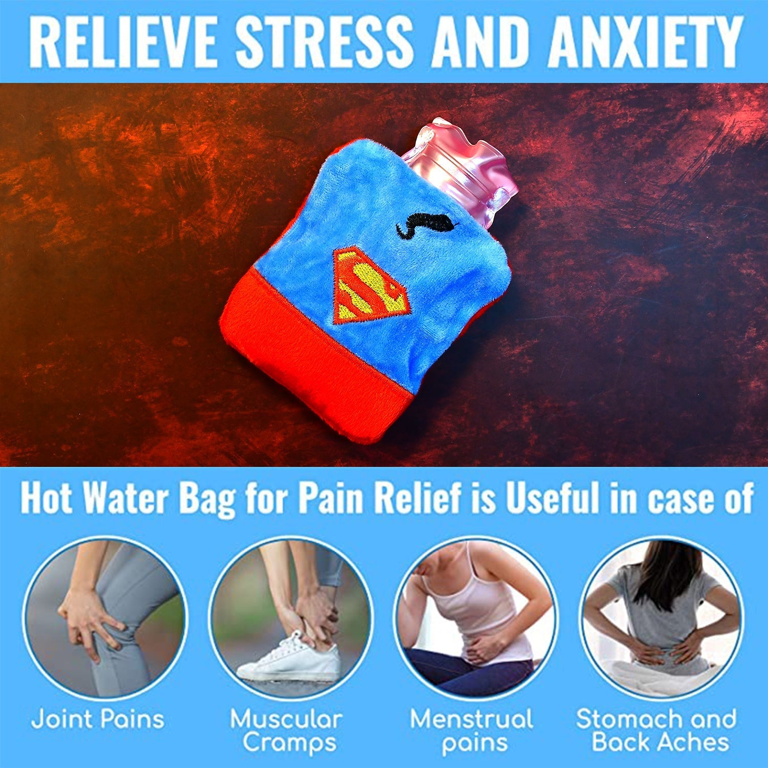 6530 Superman Print small Hot Water Bag with Cover for Pain Relief, Neck, Shoulder Pain and Hand, Feet Warmer, Menstrual Cramps. Eshaan Traders