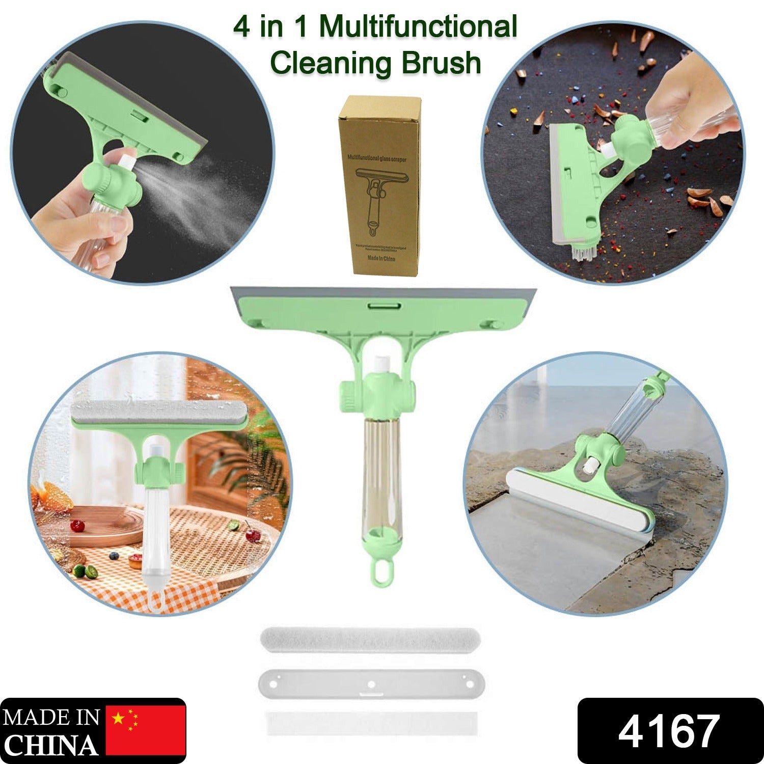 4167 4 in 1 Multifunctional Glass Scraper, Window Glass Wiper with Watering Can, Silicon Cleaning Squeegee with Two Brush Heads, Practical Squeegee for Shower Doors, Windows, Tiles and Car Glass Eshaan Traders