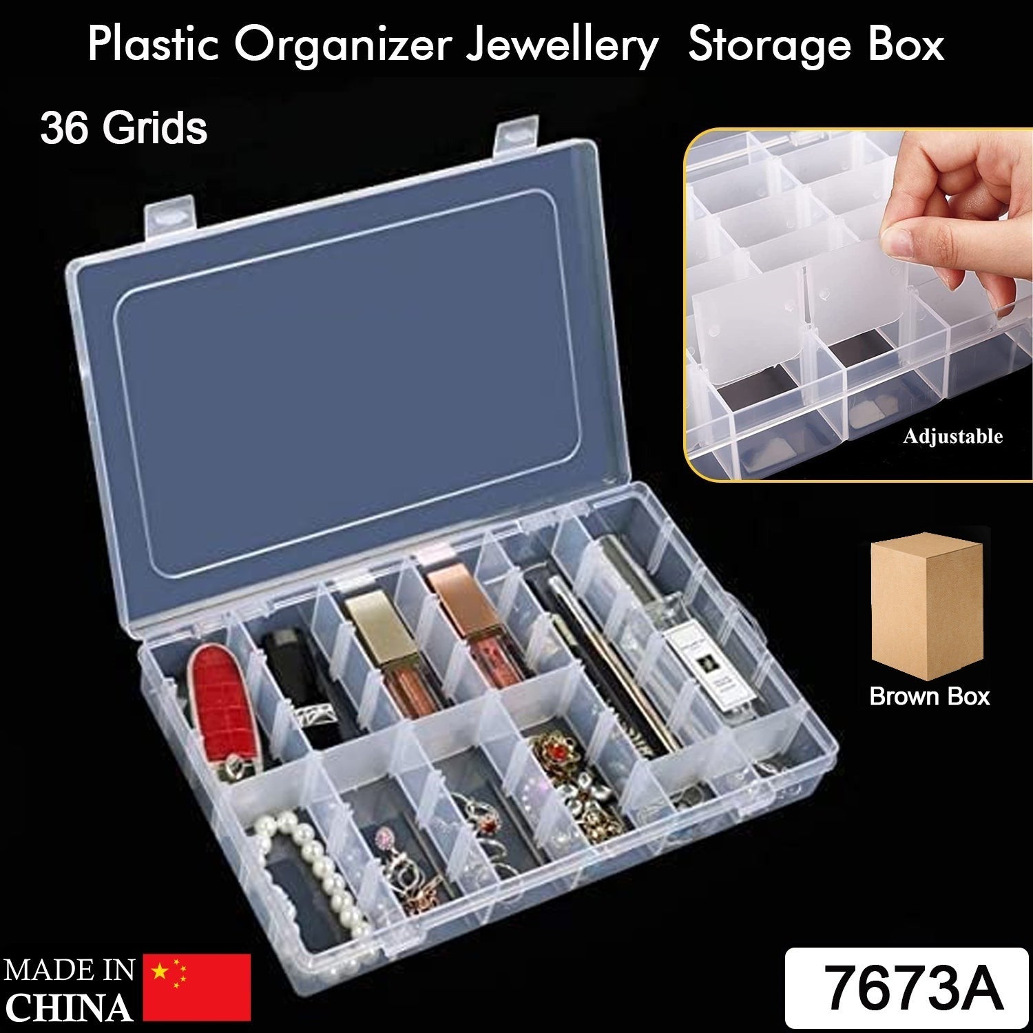 7673a 36 Grids Clear Plastic Organizer Jewelry Storage Box with Adjustable Dividers, Transparent Organizer Box (1pc) Eshaan Traders