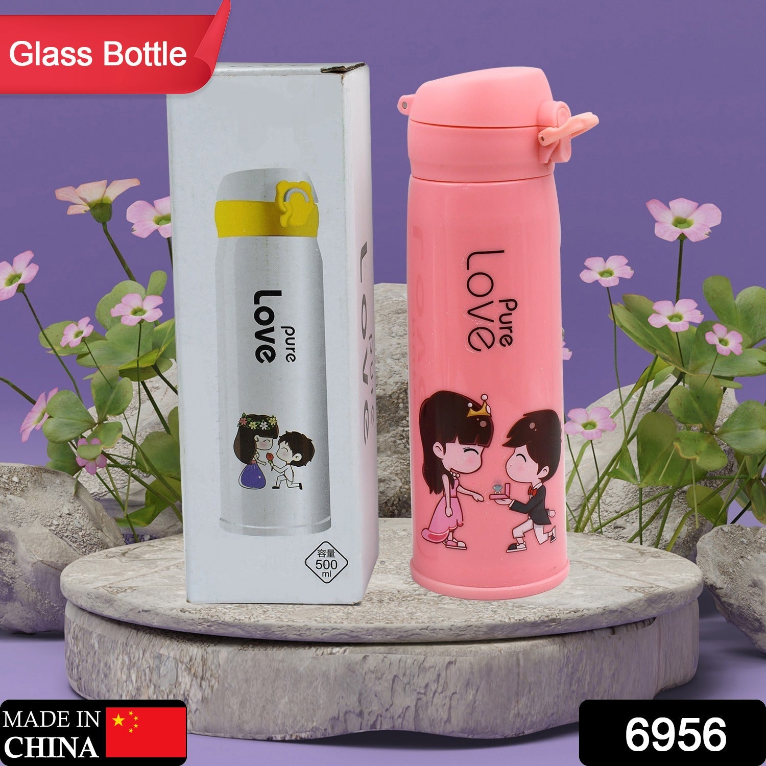 6956 Pure Love outdoor sport water bottle 500ml leak proof BPA-free for travel cold and hot water glass water bottle with daily water intake for gym and children, Fridge, for Home, Office, School (MOQ :- 80 Pc) Eshaan Traders