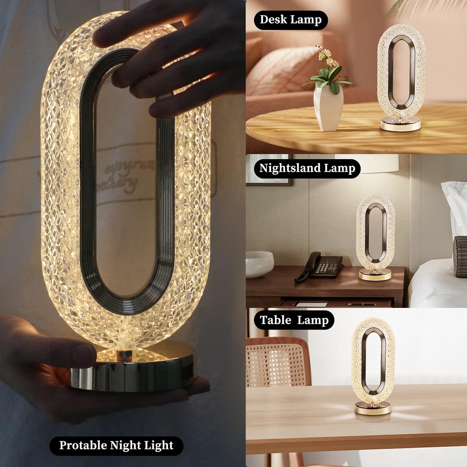 6878 Touch Control Crystal Table Desk Lamp, 3-Way Dimmable Light, USB Rechargeable Crystal Diamond Table Lamp, Exquisite Night Stand Light Lamp Beside Lamp for Bedroom Living Room, Decorative Desk Lamp Eshaan Traders