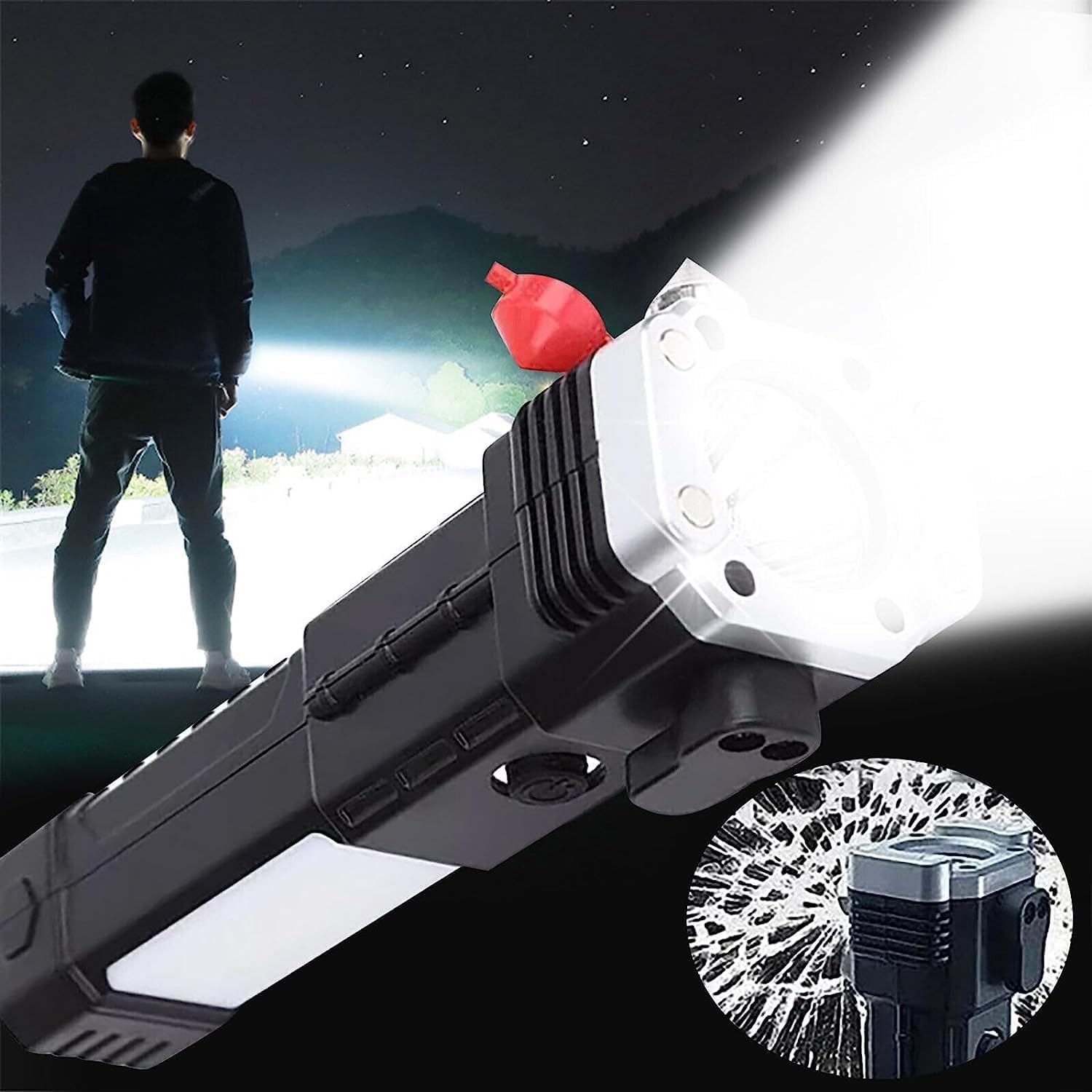 Portable 3w Rechargeable Torch LED Flashlight Long Distance Beam Range, Hammer and Strong Magnets, Window Glass and Seat Belt Cutter 4 Modes for Car Camping Hiking Indoor Outdoor Eshaan Traders