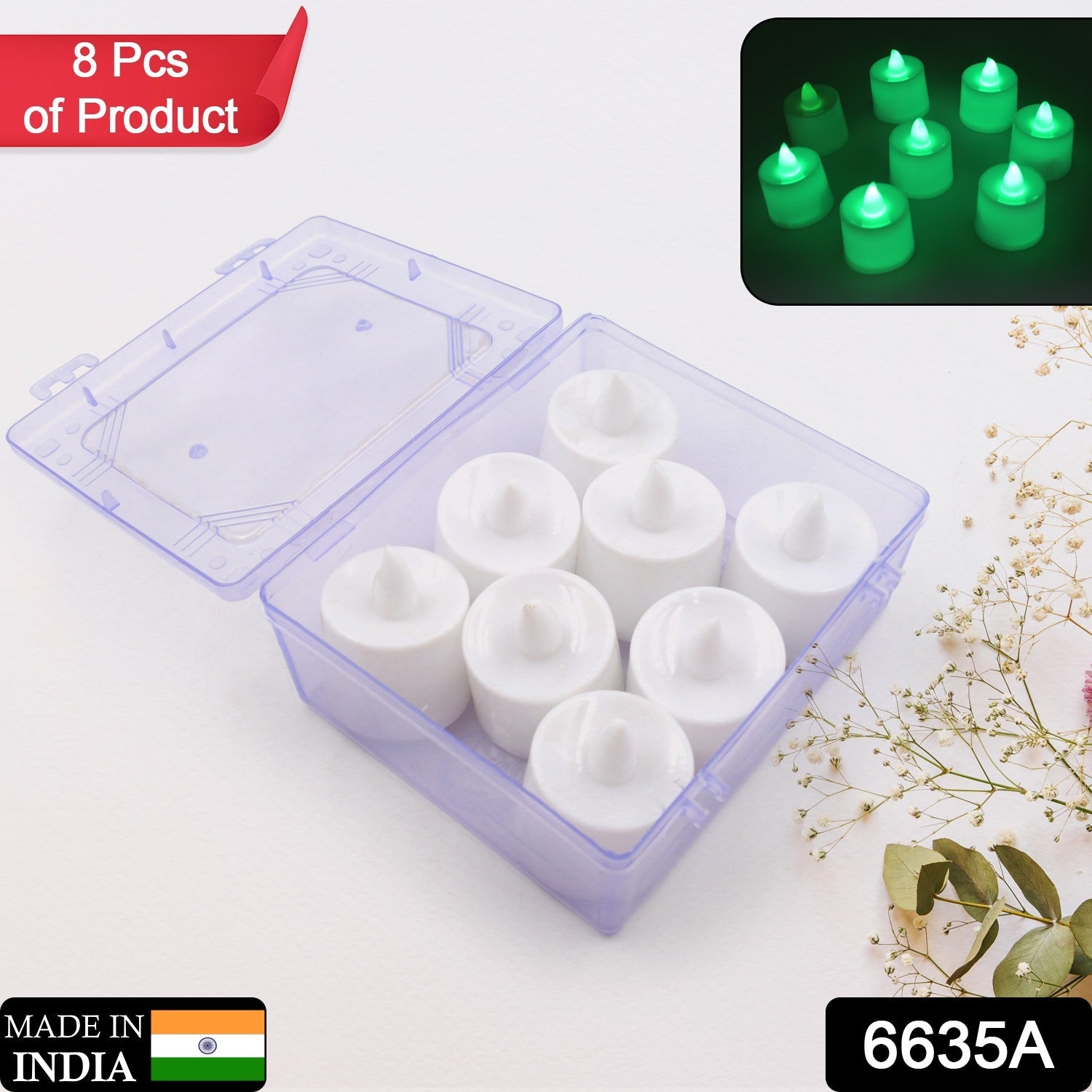 6635a GREEN FLAMELESS LED TEALIGHTS, SMOKELESS PLASTIC DECORATIVE CANDLES - LED TEA LIGHT CANDLE FOR HOME DECORATION (PACK OF 8) Eshaan Traders