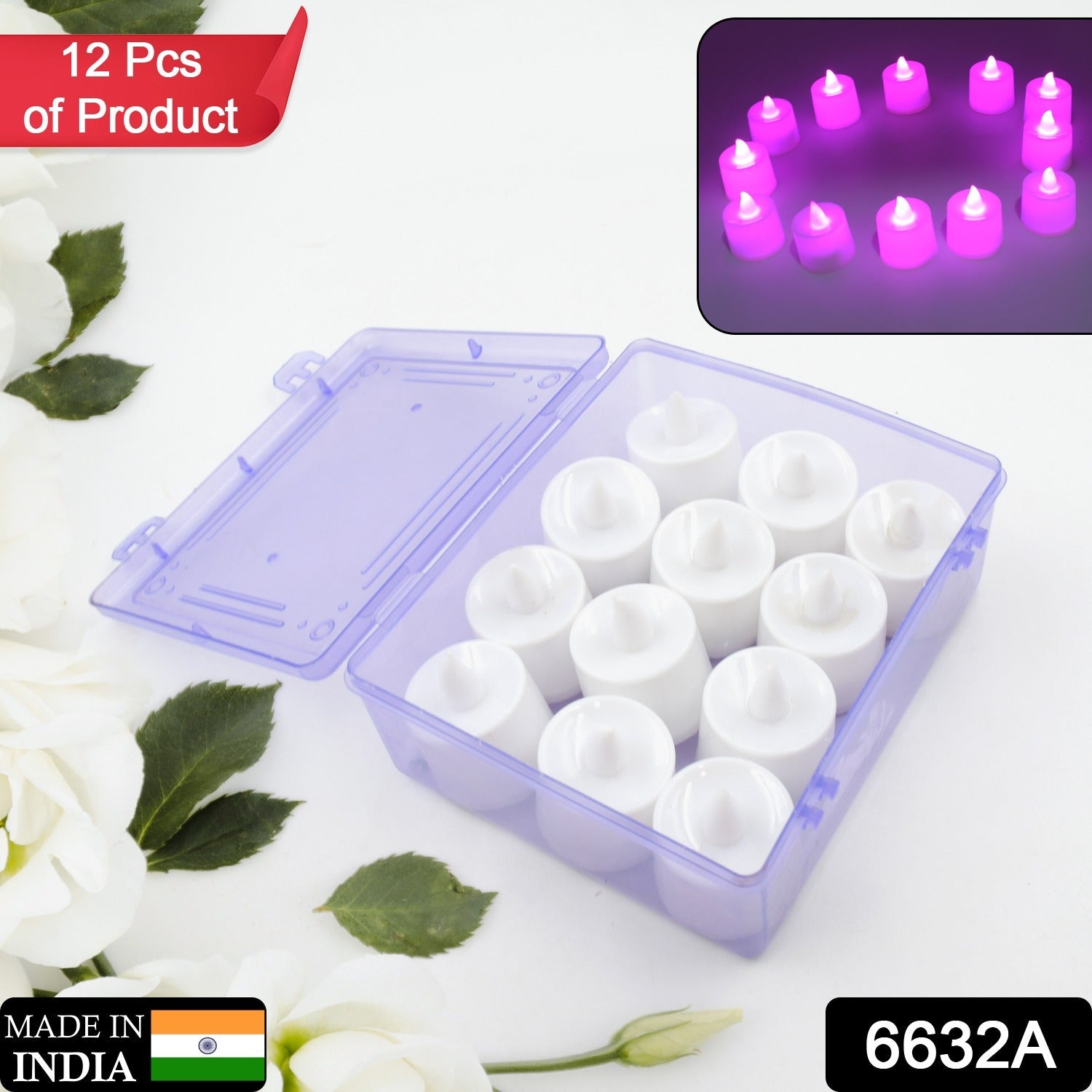 6632A Pink Flameless LED Tealights, Smokeless Plastic Decorative Candles - Led Tea Light Candle For Home Decoration (Pack Of 12pc) ( Diya , Divo , Diva , Deepak , Jyoti) Eshaan Traders