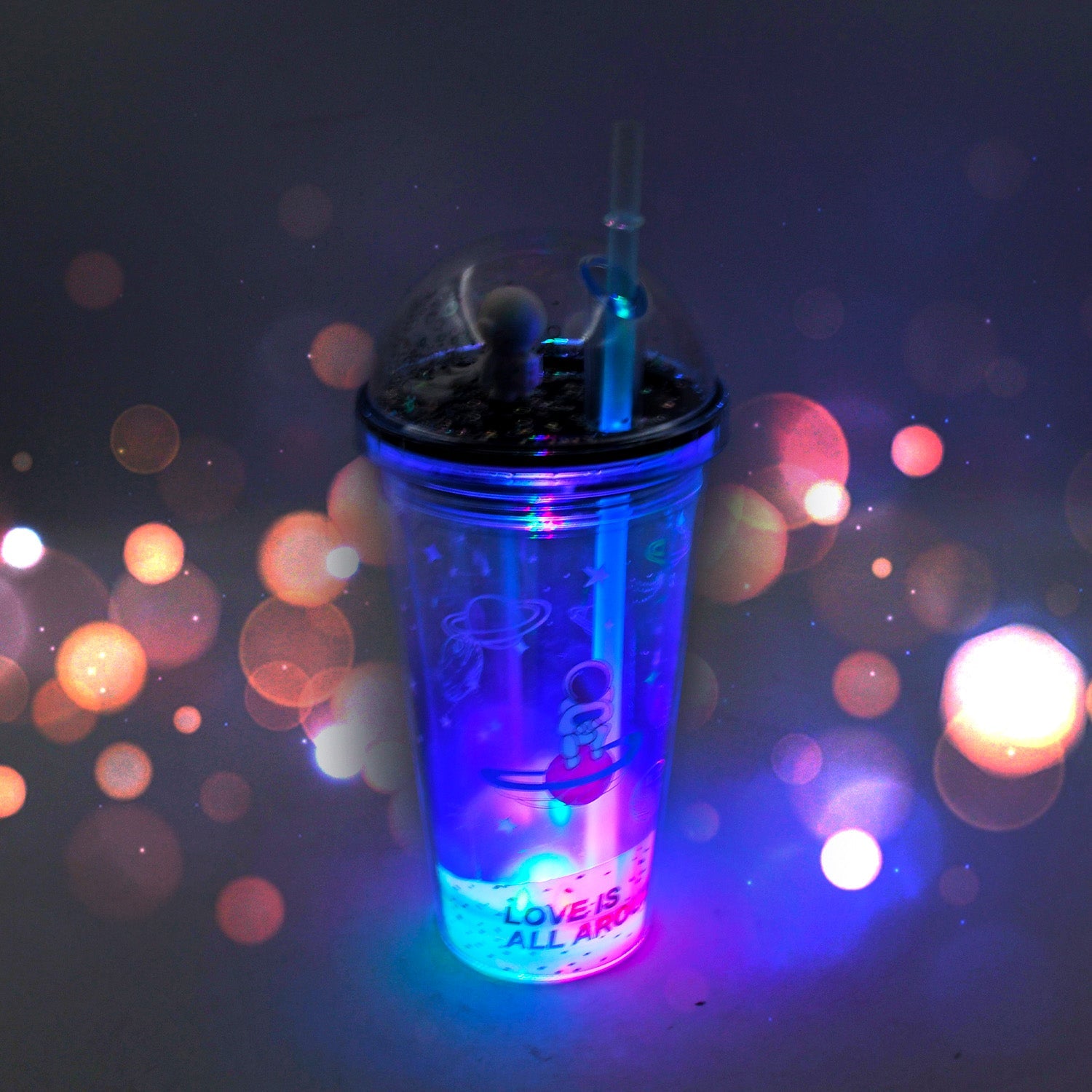 6883B  LED Glow Light, Design Printed Insulated Double Wall Plastic Tumbler Cups With Straws 13oz Theming Astronaut in Space Travel Tumbler Freezer Mug Drinking Cups for Boys and Girls School/Tuition/Gym/ Picnic (Pack Of 1) Eshaan Traders