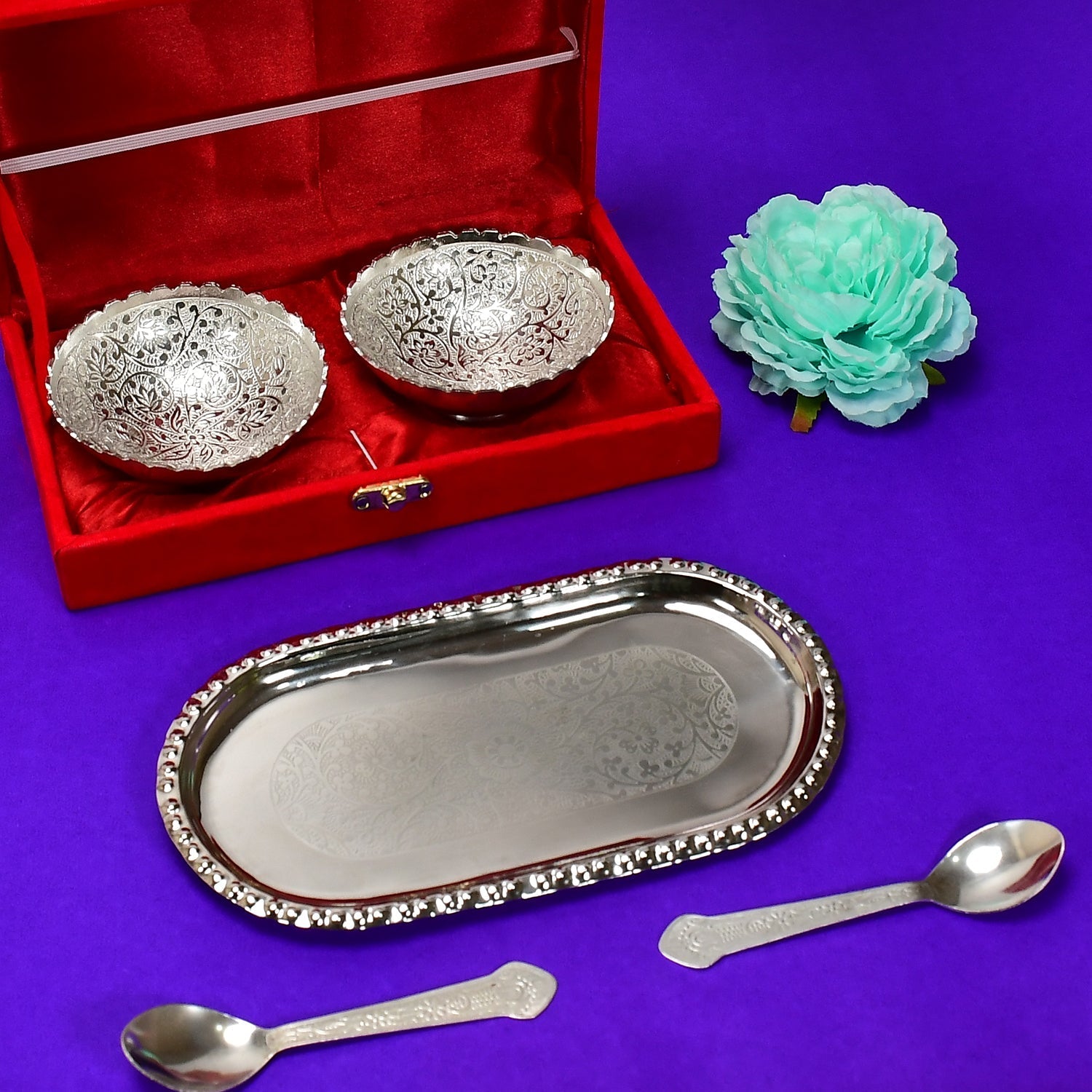 2947A Silver Plated 2 Bowl 2 Spoon Tray Set Brass with Red Velvet Gift Box Serving Dry Fruits Desserts Gift, Bartan DeoDap