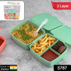 5787 Double-Layer Square Lunch Box with  Spoon , 4 Compartment Tiffin & Push Lock , Plastic Tiffin Box for Travelling, School Kids & Office Exclusive, Home Eshaan Traders