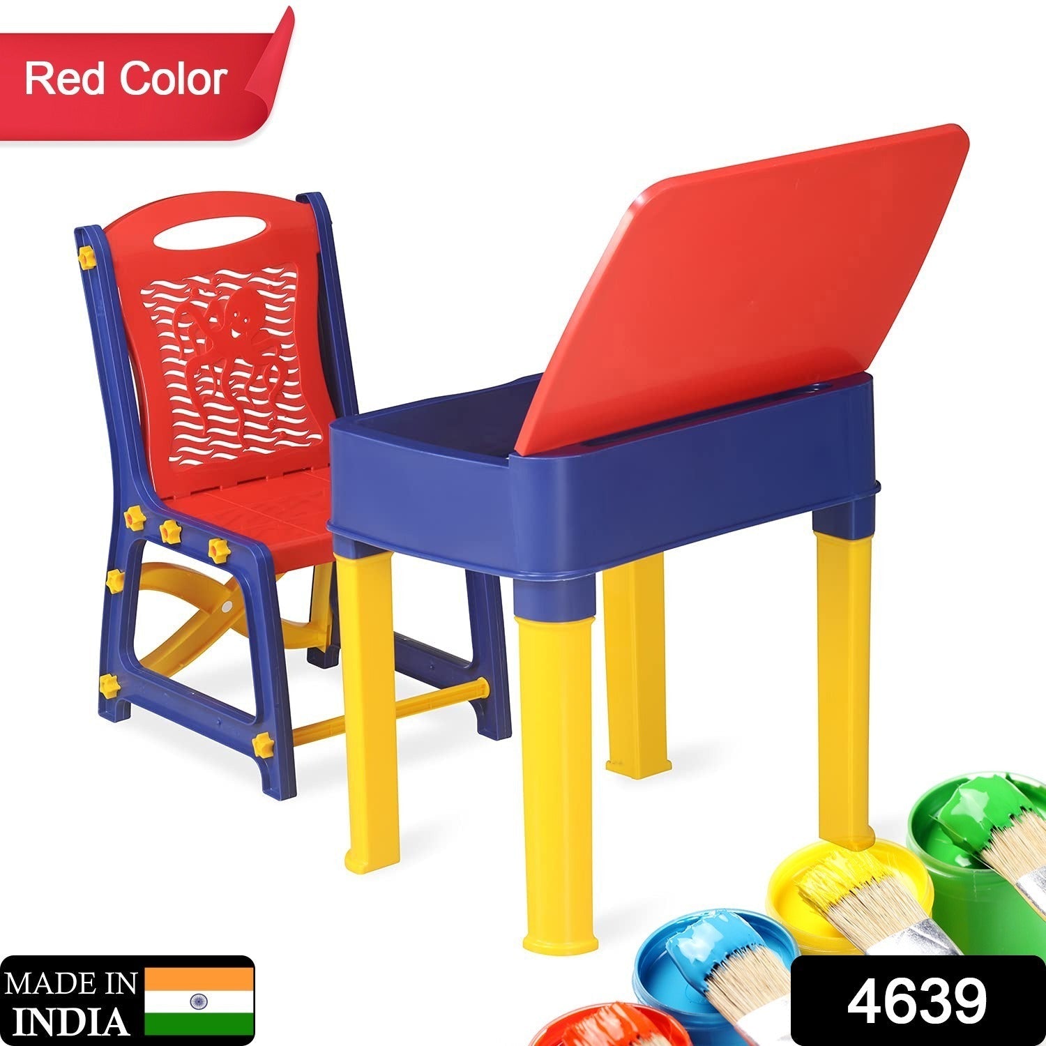 4639 Study Table And Chair Set For Boys And Girls With Small Box Space For Pencils Plastic High Quality Study Table (Red/Blue/Yellow) Eshaan Traders